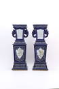 Yu Zixin - Pair Of Blue Glaze Porcelain "Landscape" "Poetry" Bottles, China
