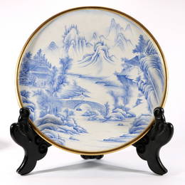 Copper Enamel Painting Blue And White Porcelain "Landscape" "Figure" Large Dish