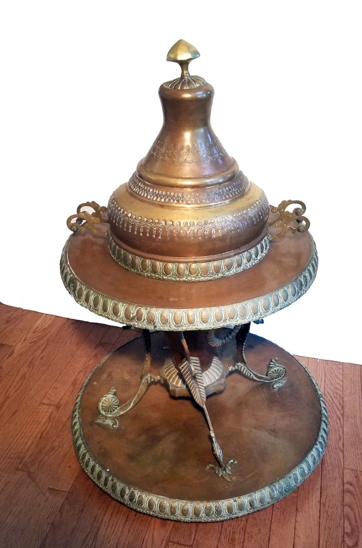 Antique Turkish Ottoman Samavor: Extremely Fine and detailed Work Carving and Designs on solid brass with two separate compartments for fire and water.Size:42" Hight29" Base23" TopANTIQUE LARGE /HEAVY ON A SOLID BRASS TURKISH SAMAVOR