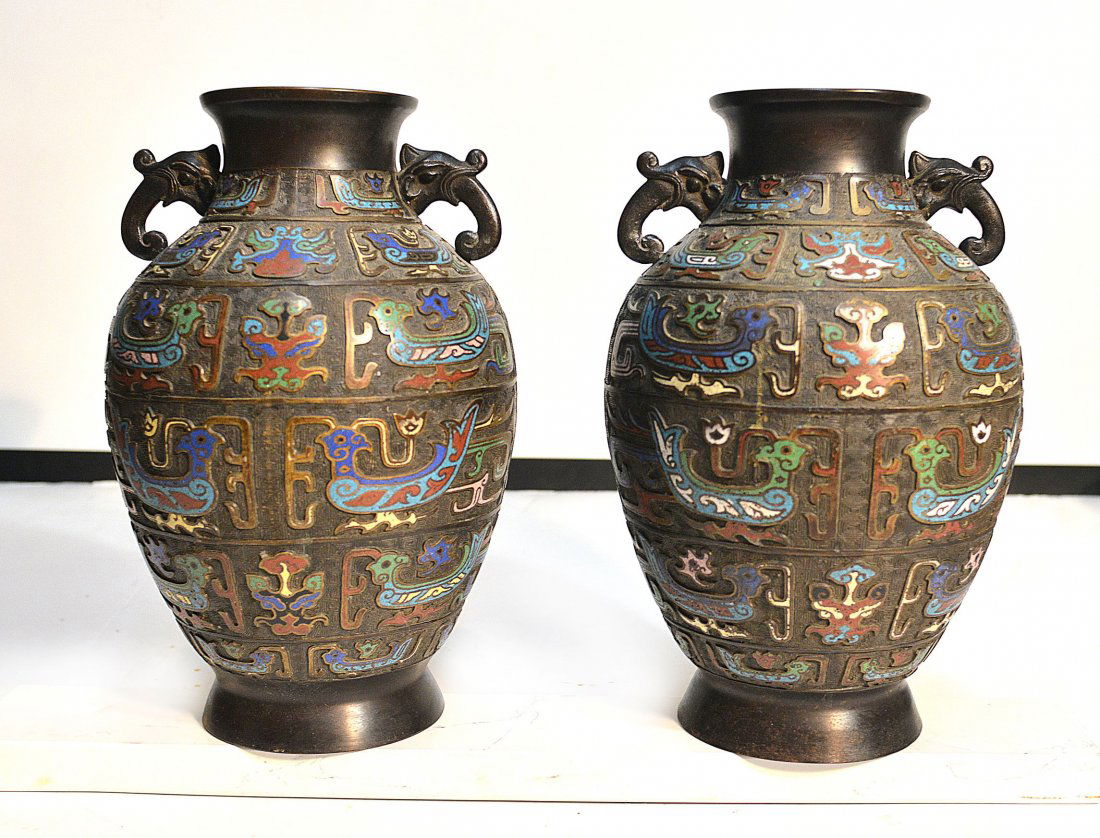 Antique Pair Of Chinese Champleve Enamel Vase (1 of 3)