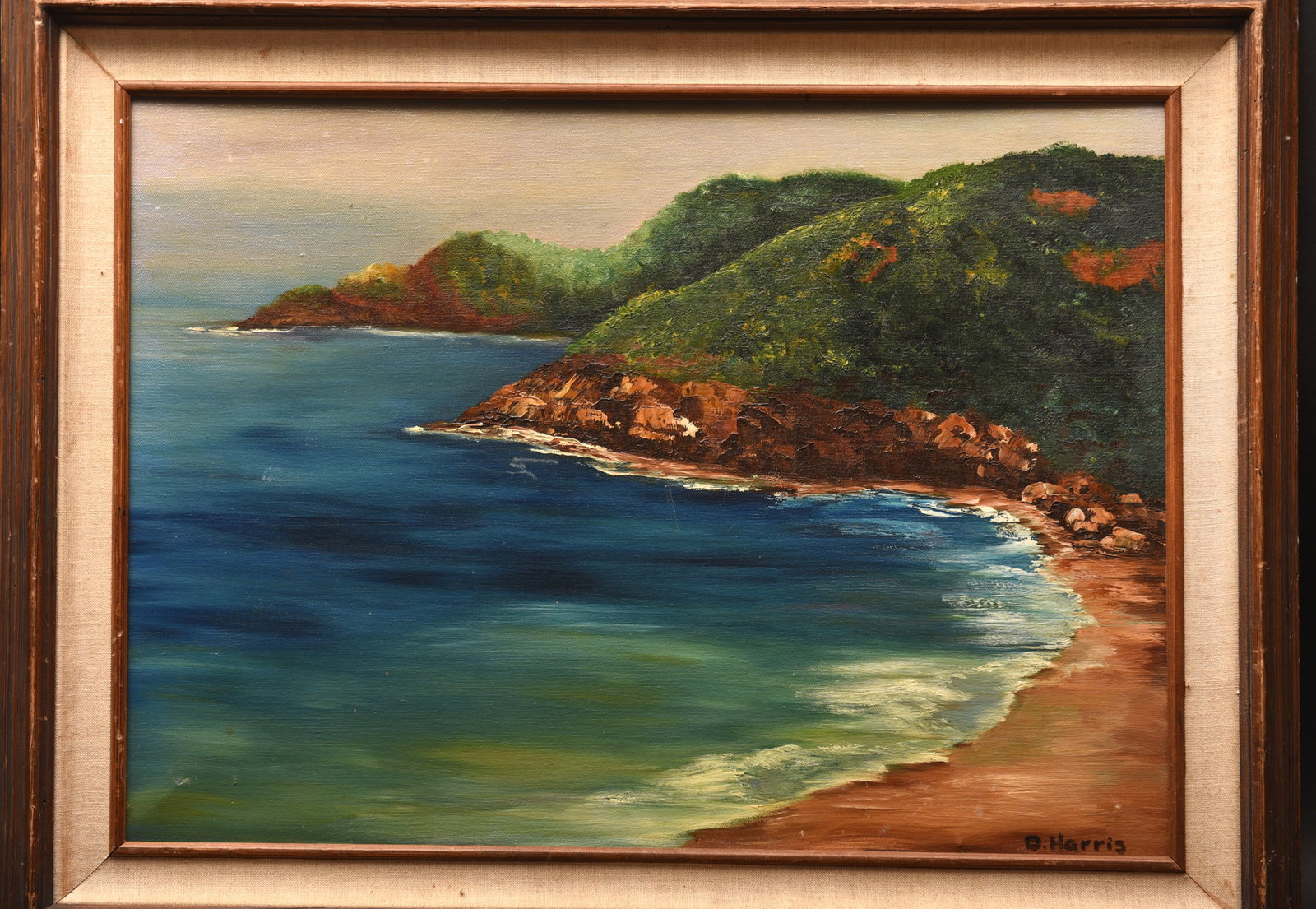 Coastal Vista (O. Harris): This tranquil coastal landscape by O. Harris, painted in oil on canvas and measuring 27" x 23", invites viewers to immerse themselves in the beauty of nature. The artist's brushwork captures the varyi