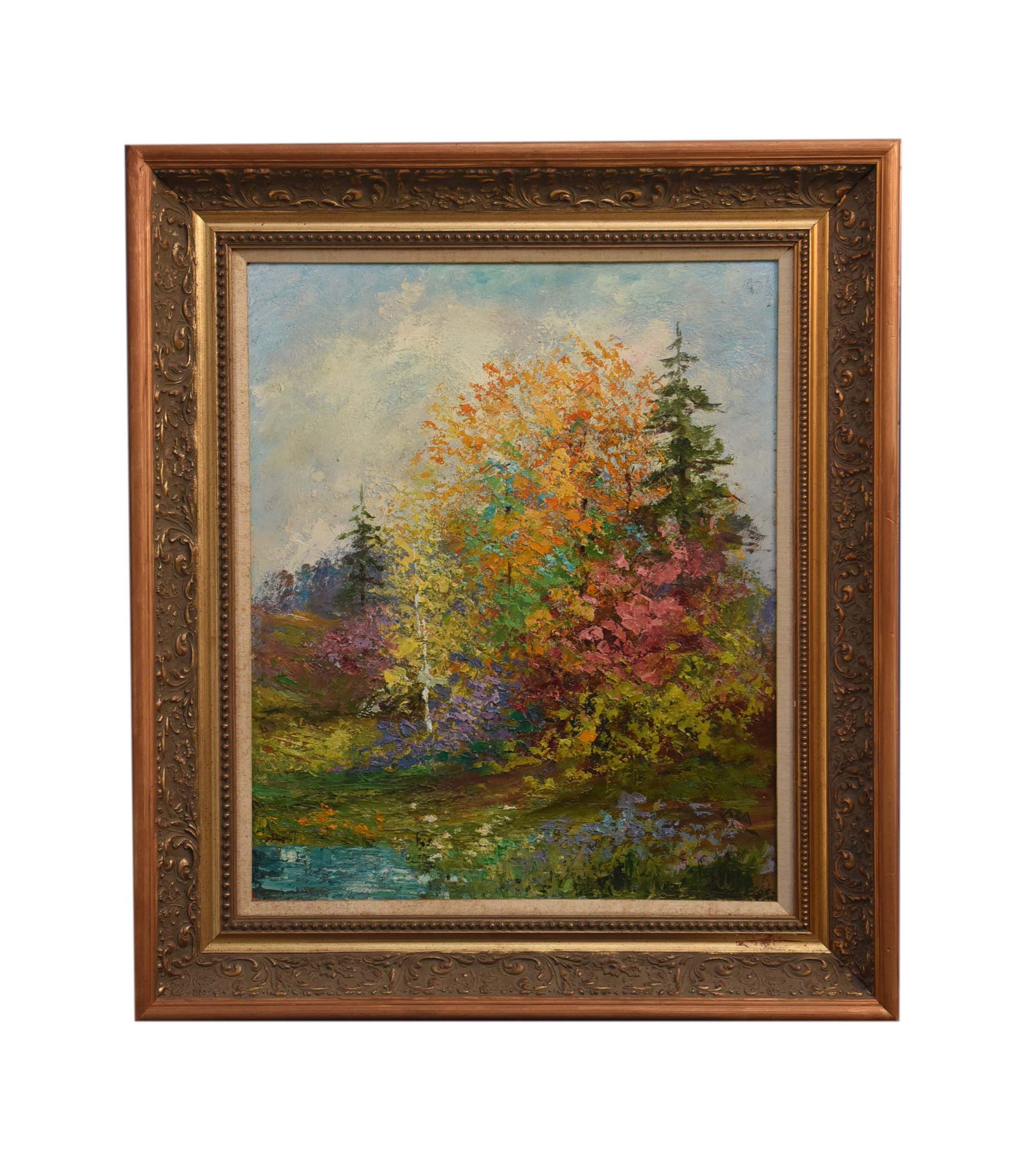 Autumn Symphony Oil On Board: This vibrant oil on board painting, signed by the artist, measures 27" x 31" and beautifully captures the essence of an autumn landscape. A rich tapestry of red, orange, yellow, and green foliage domi