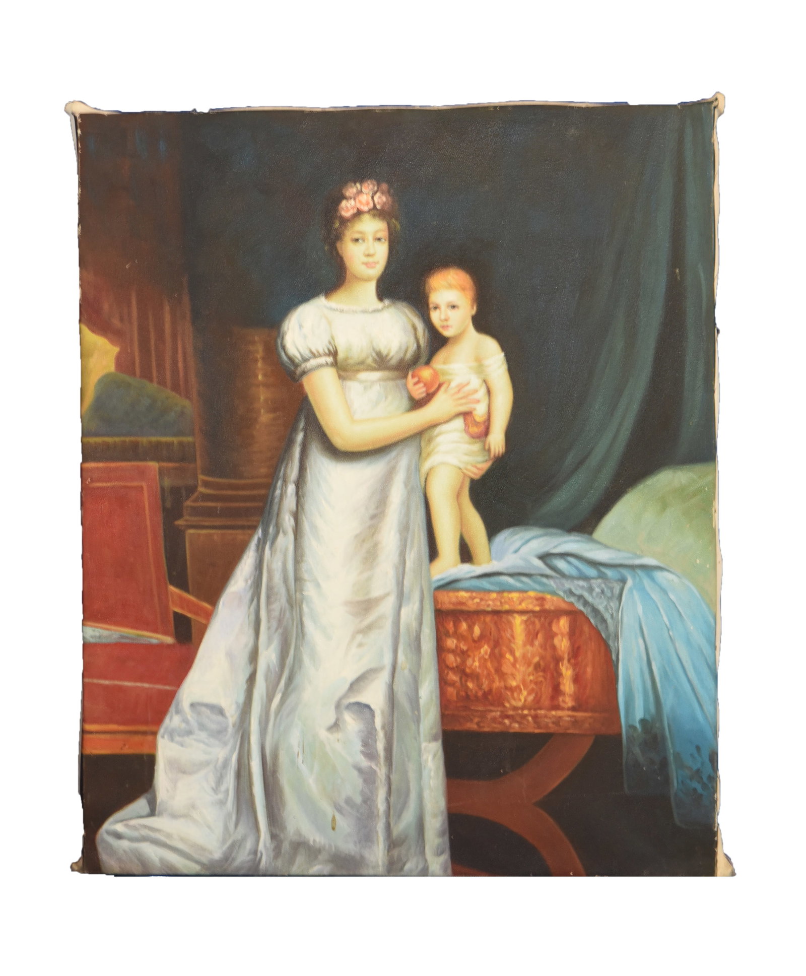 Mother and Child in a Neoclassical Interior Oil On Canvas: This 20" x 25" oil on canvas depicts a serene portrait of a mother and child. The woman, elegantly dressed in a light-colored, high-waisted gown typical of the Neoclassical or Empire era, wears a flor