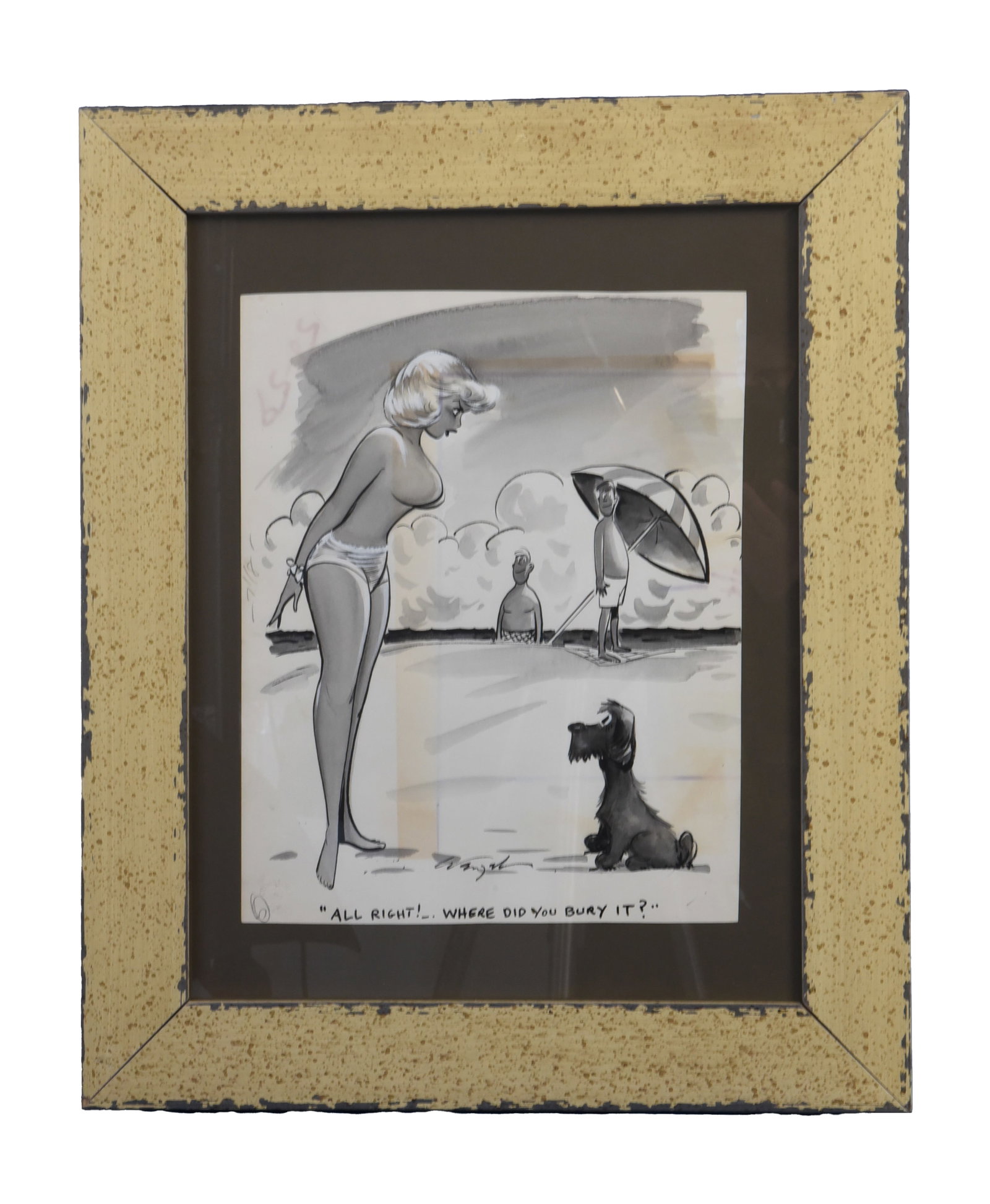 All Right! Where Did You Bury It? (Beach Scene), Drawing: This 11" x 14" drawing is a humorous single-panel cartoon set on a beach. The central figure is a voluptuous, blonde woman in a bikini bottom, posed with her hands behind her back, looking down intent