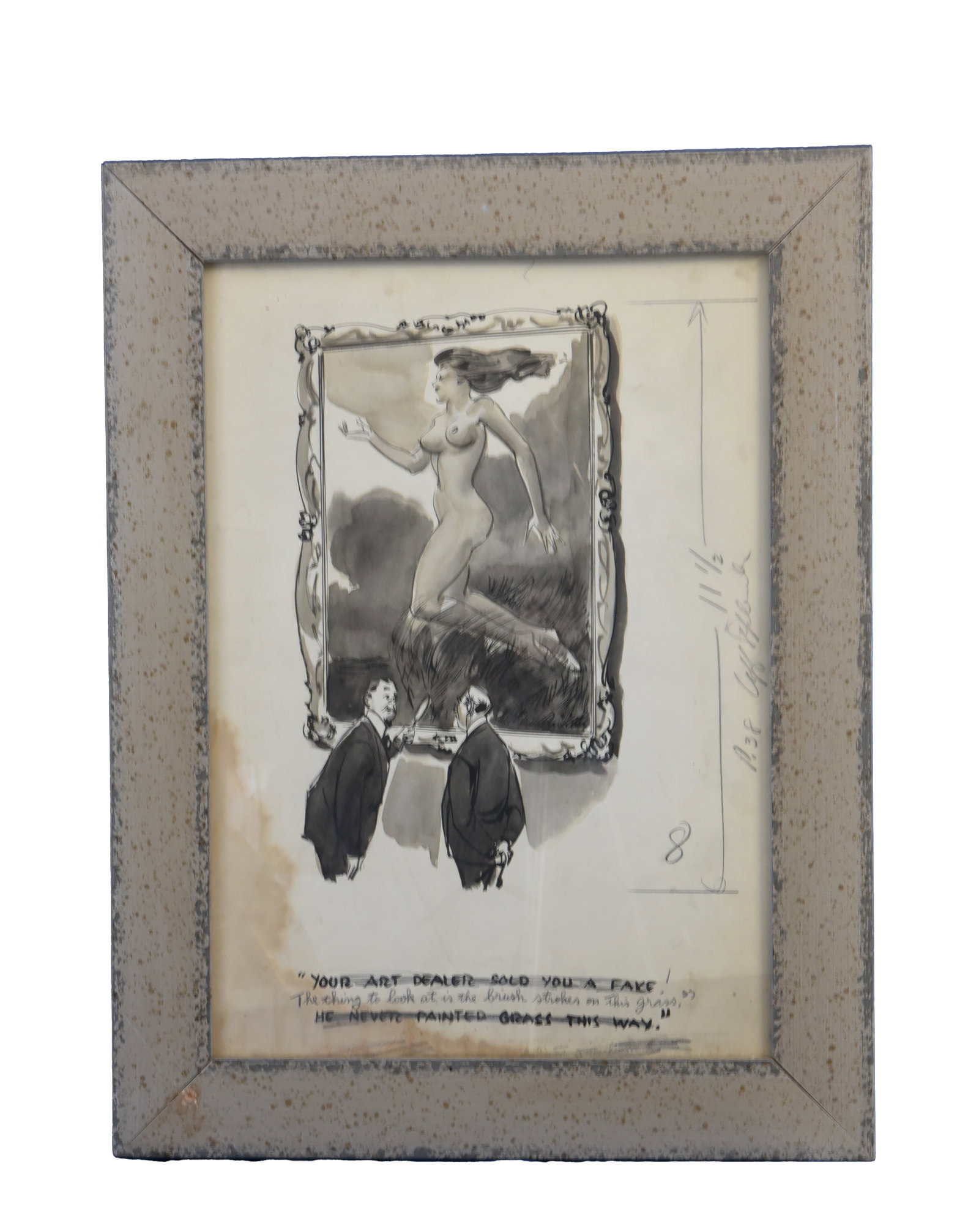 Your Art Dealer Said You a Fake!" (Art Critique Cartoon), Drawing: This 11" x 14" drawing is a humorous single-panel cartoon, likely intended for a publication. The scene depicts two men in suits, presumably art collectors or critics, standing before a large framed p