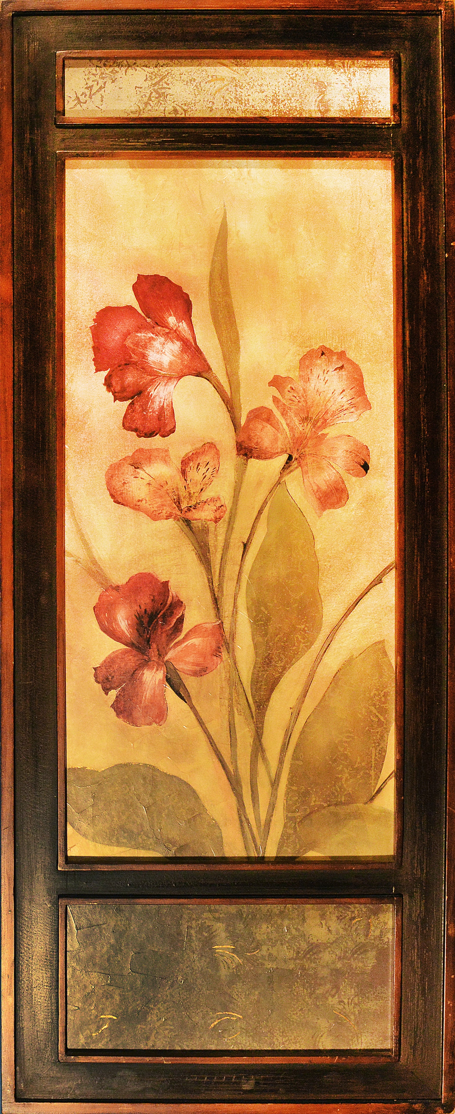Floral Still Life - Art Print on Board: This elegant art print on board features a captivating floral still life. The warm color palette of reds, golds, and browns creates a sense of richness and depth. The stylized depiction of the flowers