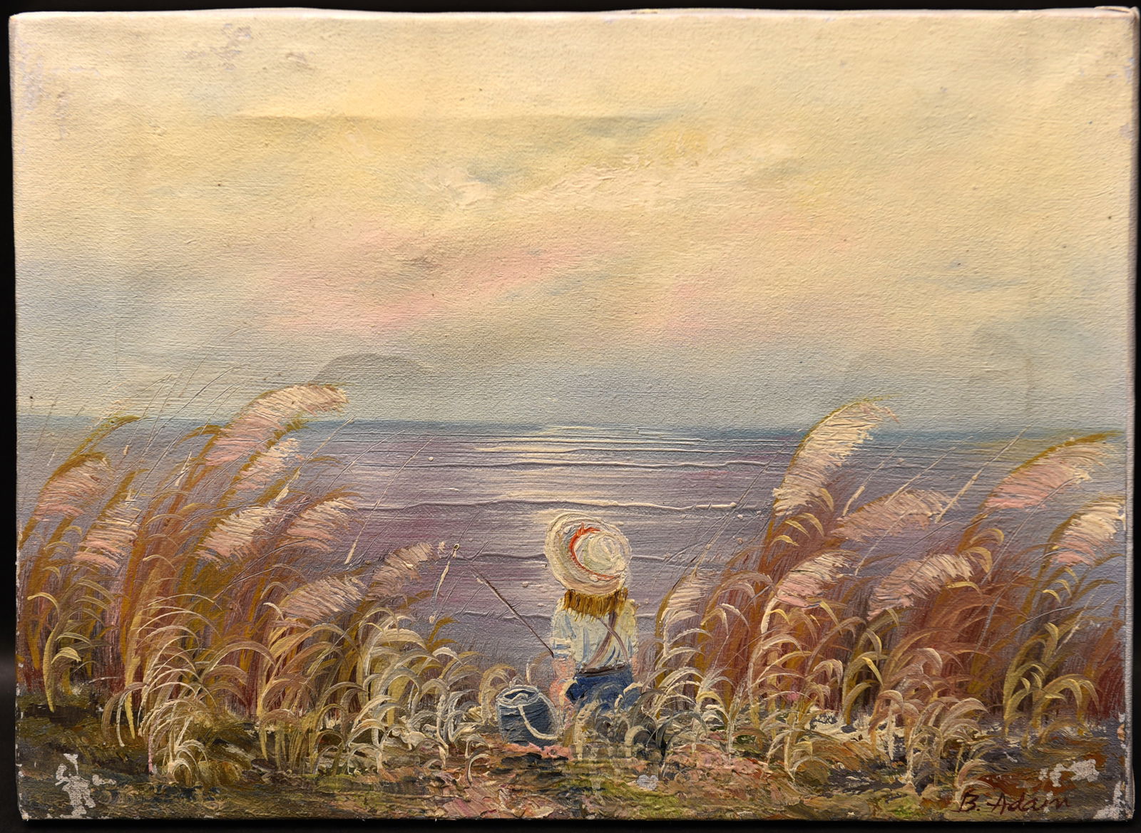 Solitude by the Sea: This enchanting oil painting captures a serene moment of solitude by the sea. A young girl, clad in a sun hat and overalls, sits amidst a field of tall grasses, her gaze fixed on the horizon. The