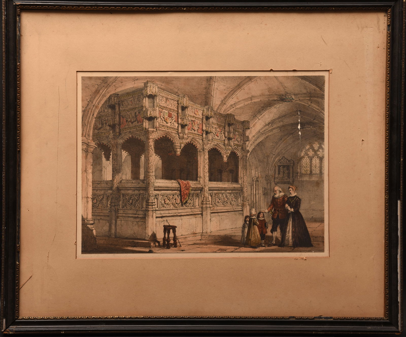 The Shrine of the Countess de la Warre, Boxgrove Priory 19th Century: This detailed etching depicts the Shrine of the Countess de la Warre within Boxgrove Priory. The intricate stonework of the shrine, with its ornate carvings and architectural details, is beautifully