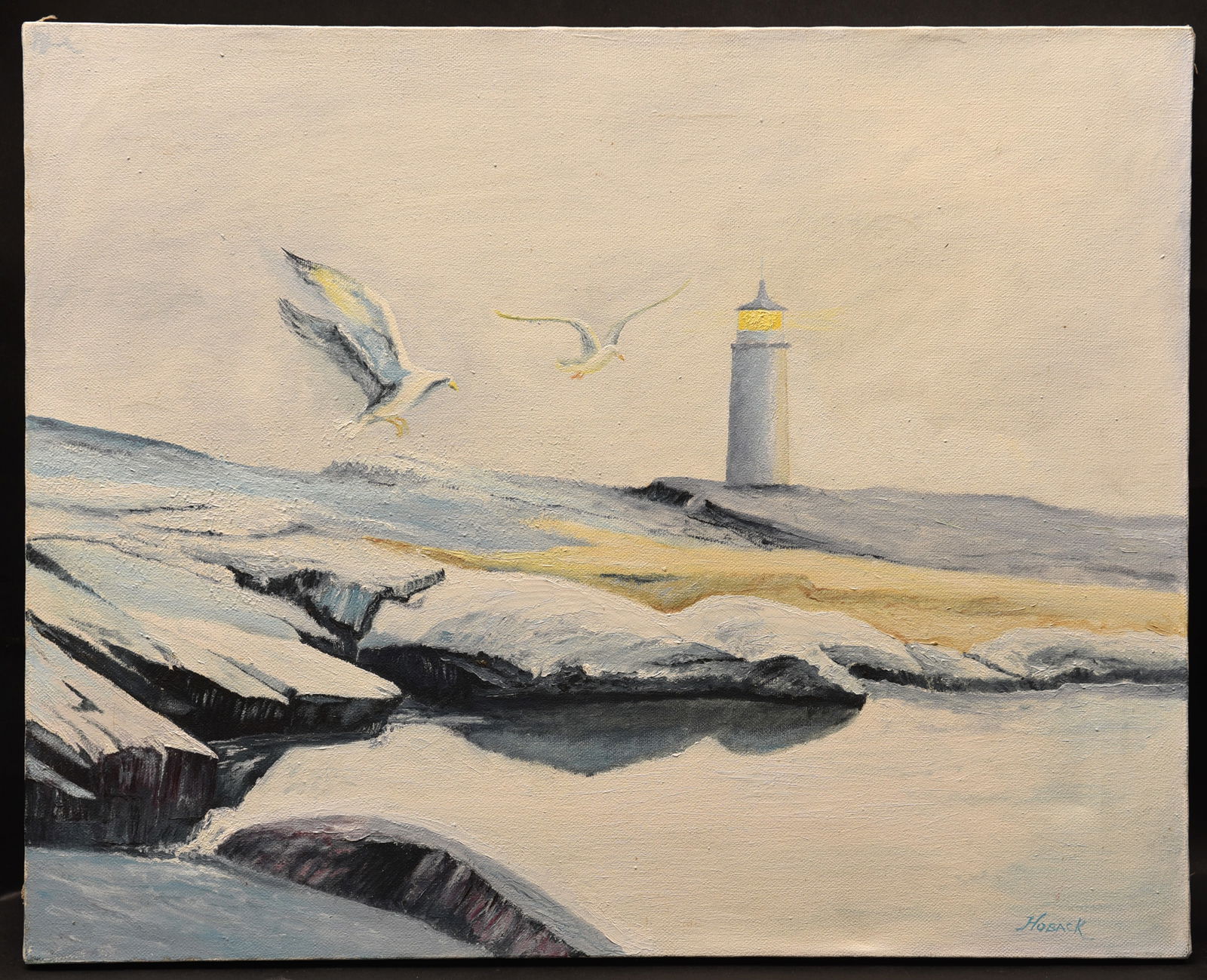 Lighthouse Haven Oil On Canvas: This serene coastal scene by Hoback captures the tranquility of a lighthouse bathed in the soft glow of evening light. The lighthouse, standing tall against the misty horizon, casts a warm beam of