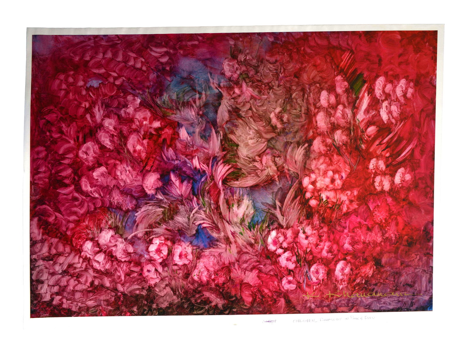 Crimson Bloom , Kamran Khavarani: This vibrant giclée on canvas, mounted on board, captures the lush intensity of a floral dreamscape. Artist Kamran Khavarani masterfully blends shades of deep crimson, rose, and hints of violet and