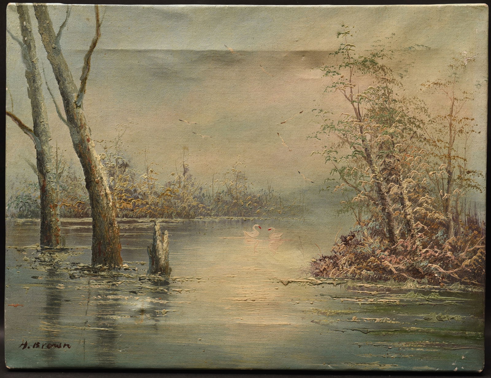 Tranquil Waters, Oil On Canvas: This serene landscape painting by H. Brown captures a peaceful scene of a lake surrounded by lush vegetation. The water, rendered in subtle hues of blue and green, reflects the surrounding trees and