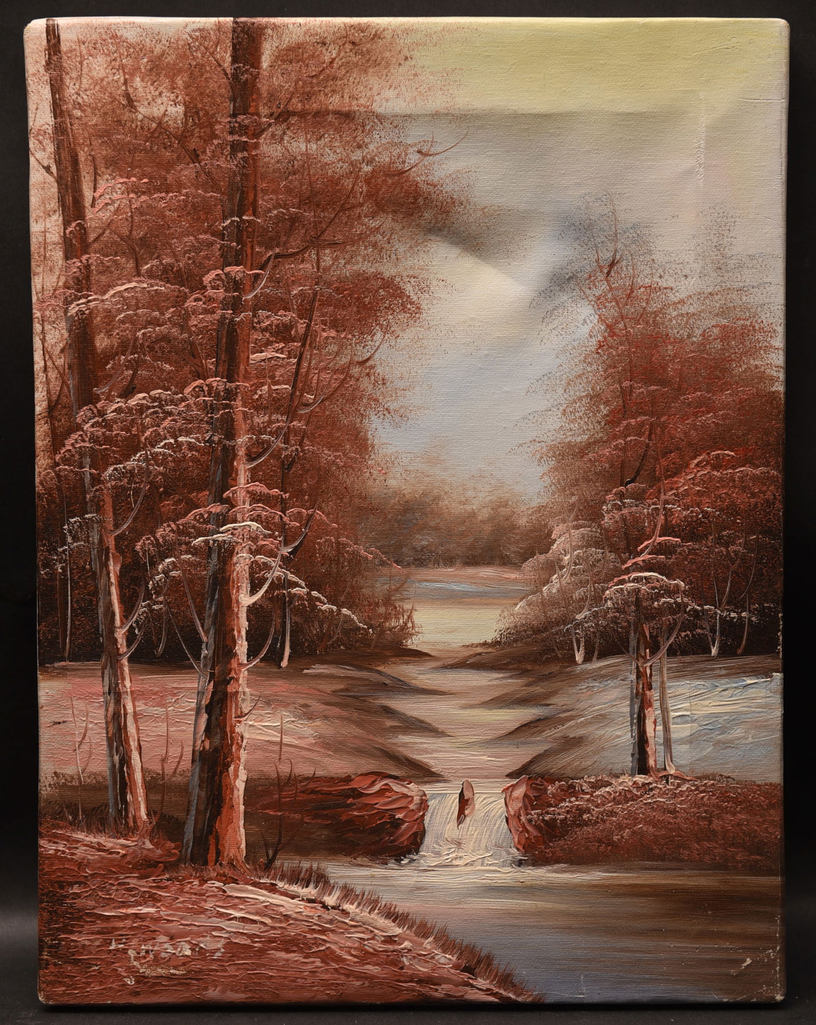 Crimson Creek: This captivating oil painting on canvas, sized 16" x 12", presents a tranquil autumnal scene. The artist skillfully employs a rich palette of crimson and brown hues to depict a woodland landscape,