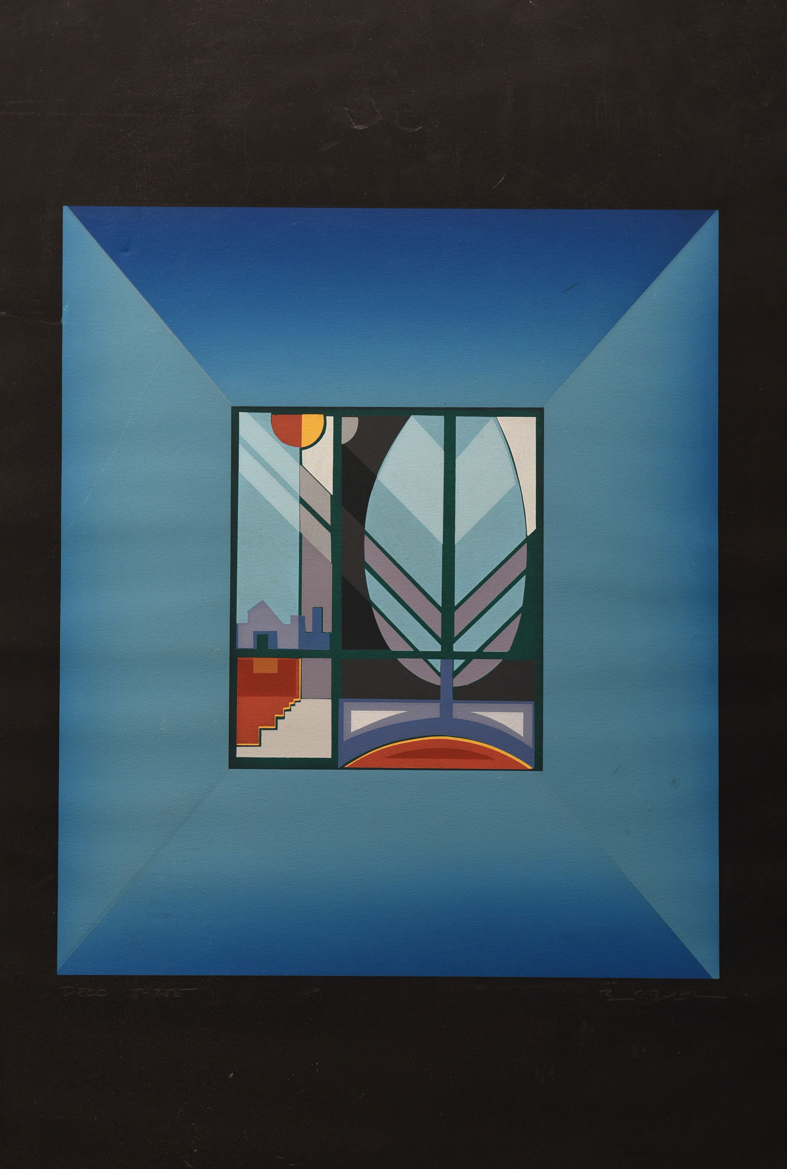 Geometric Window (B. Kubalak): This abstract composition, signed by artist B. Kubalak and measuring 26" x 19", explores the interplay of geometric shapes and vibrant colors. The artist employs a distinct visual language, with bold