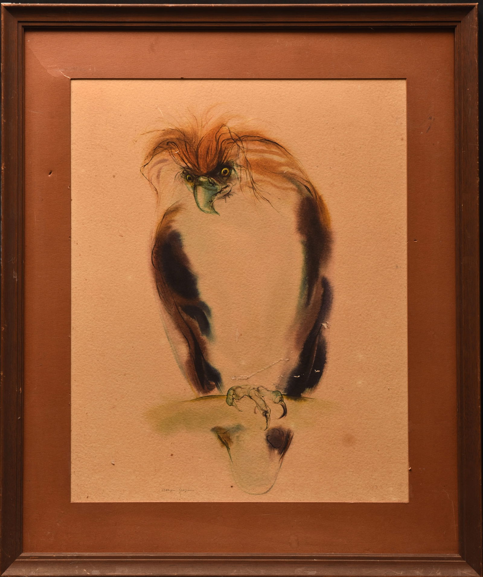 watchful gaze (Philippine Eagle): "This striking drawing, measuring 24"" x 21"", presents a powerful portrait of a Philippine Eagle, its intense gaze captivating the viewer. The artist's skillful use of line and wash captures the eagl