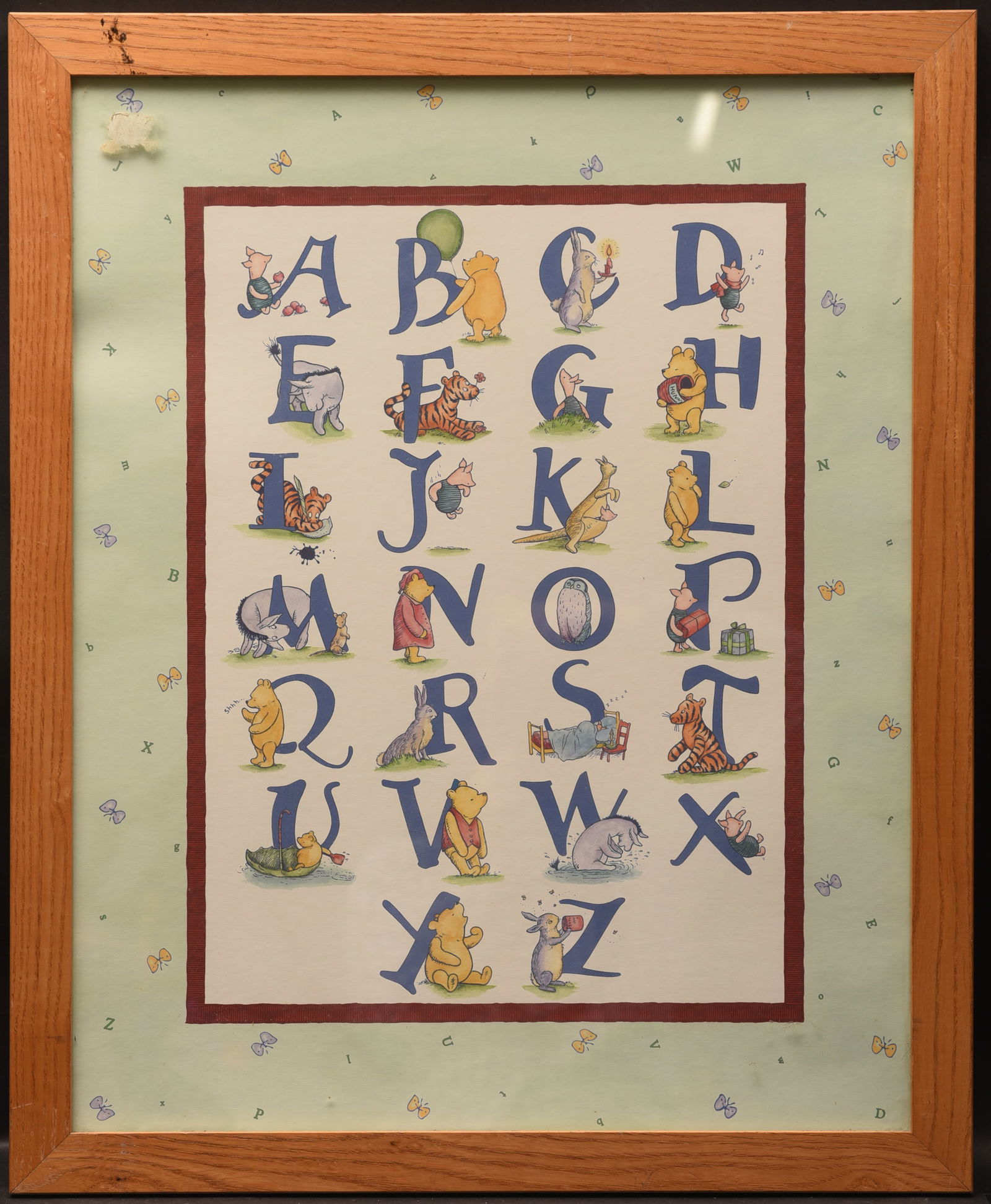 Winnie the Pooh's ABCs: This delightful children's art print, measuring 22" x 27", features Winnie the Pooh and his friends from the Hundred Acre Wood in a charming alphabet chart. Each letter is playfully illustrated with