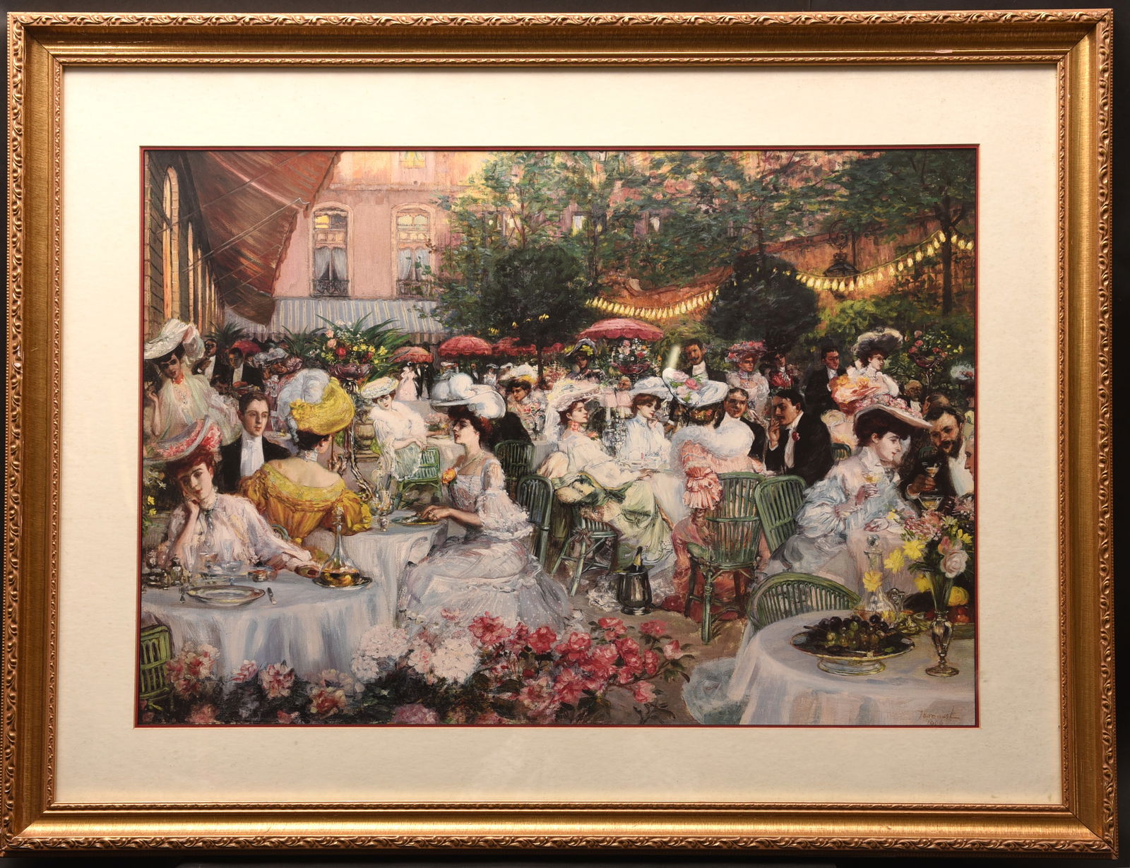 Summer Evening Soirée: This elegant print, measuring 27" x 33", captures the ambiance of a sophisticated outdoor gathering, likely set during the Belle Époque era in France. The scene is alive with activity as elegantly
