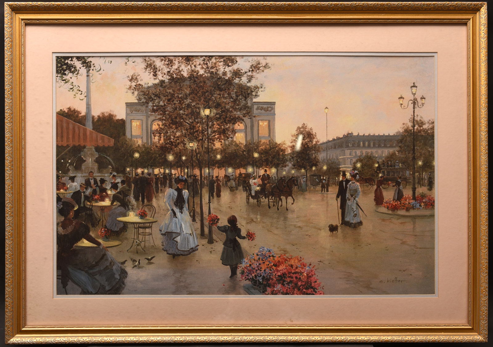 Parisian Evening Promenade: This evocative print, measuring 27" x 39", transports viewers to a lively Parisian boulevard, likely during the late 19th or early 20th century. The scene is teeming with activity as elegantly