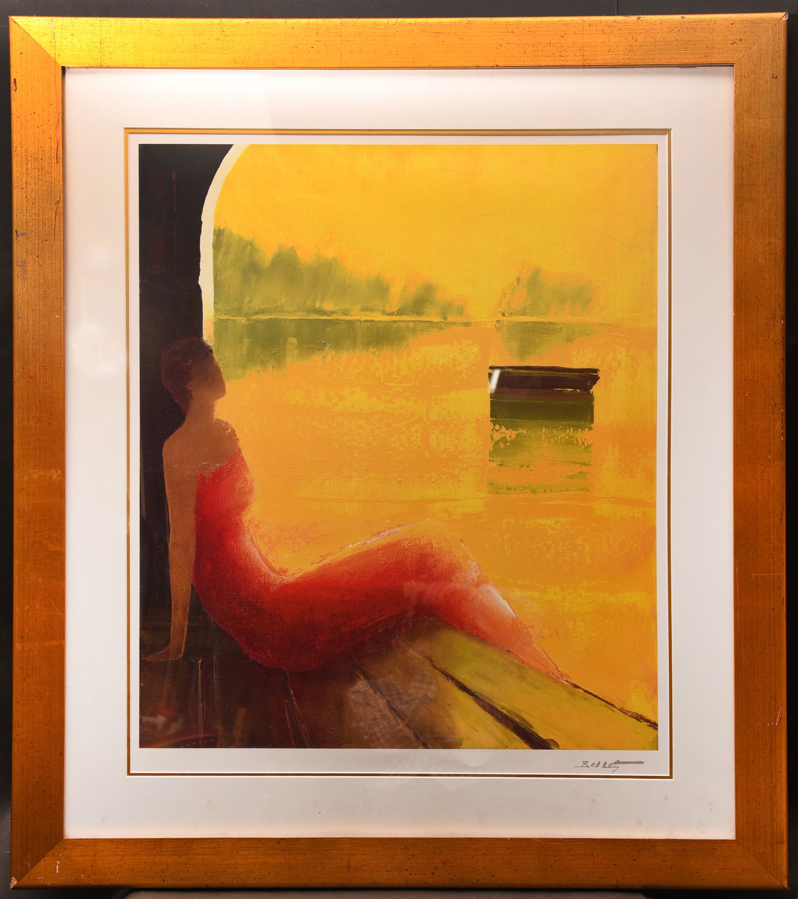 Golden Hour Reverie (Belle): This serene print signed by Belle, measuring 35" x 41", captures a woman lost in contemplation amidst a tranquil lakeside setting bathed in the golden hues of sunset. The artist's evocative use of