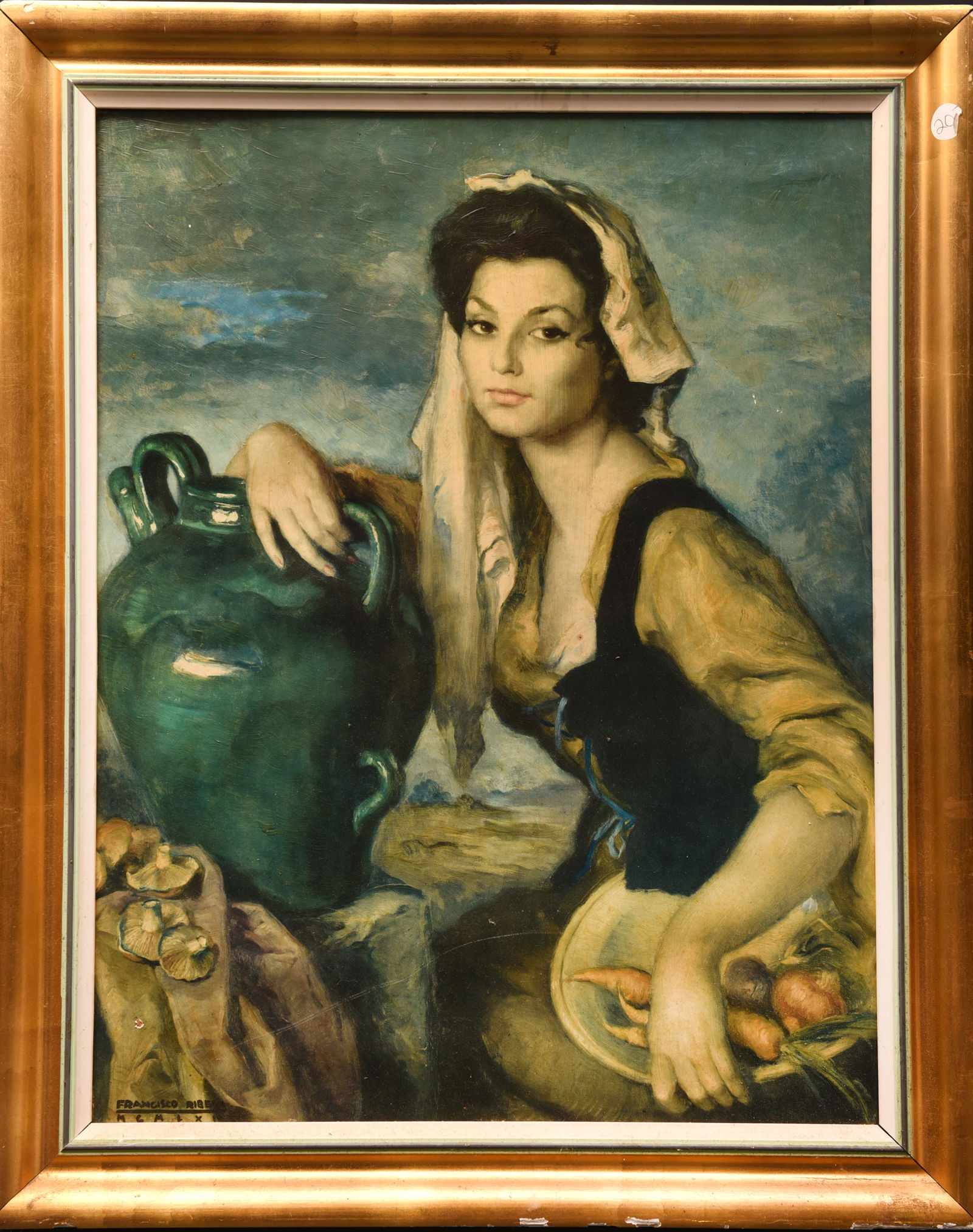 La Joven Española (The Young Spanish Woman) - after Francisco Ribera: This oil painting on canvas, mounted on board, measures 26" x 33" and is rendered in the style of Francisco Ribera Gómez. It likely depicts a young Spanish woman, possibly a flamenco dancer,