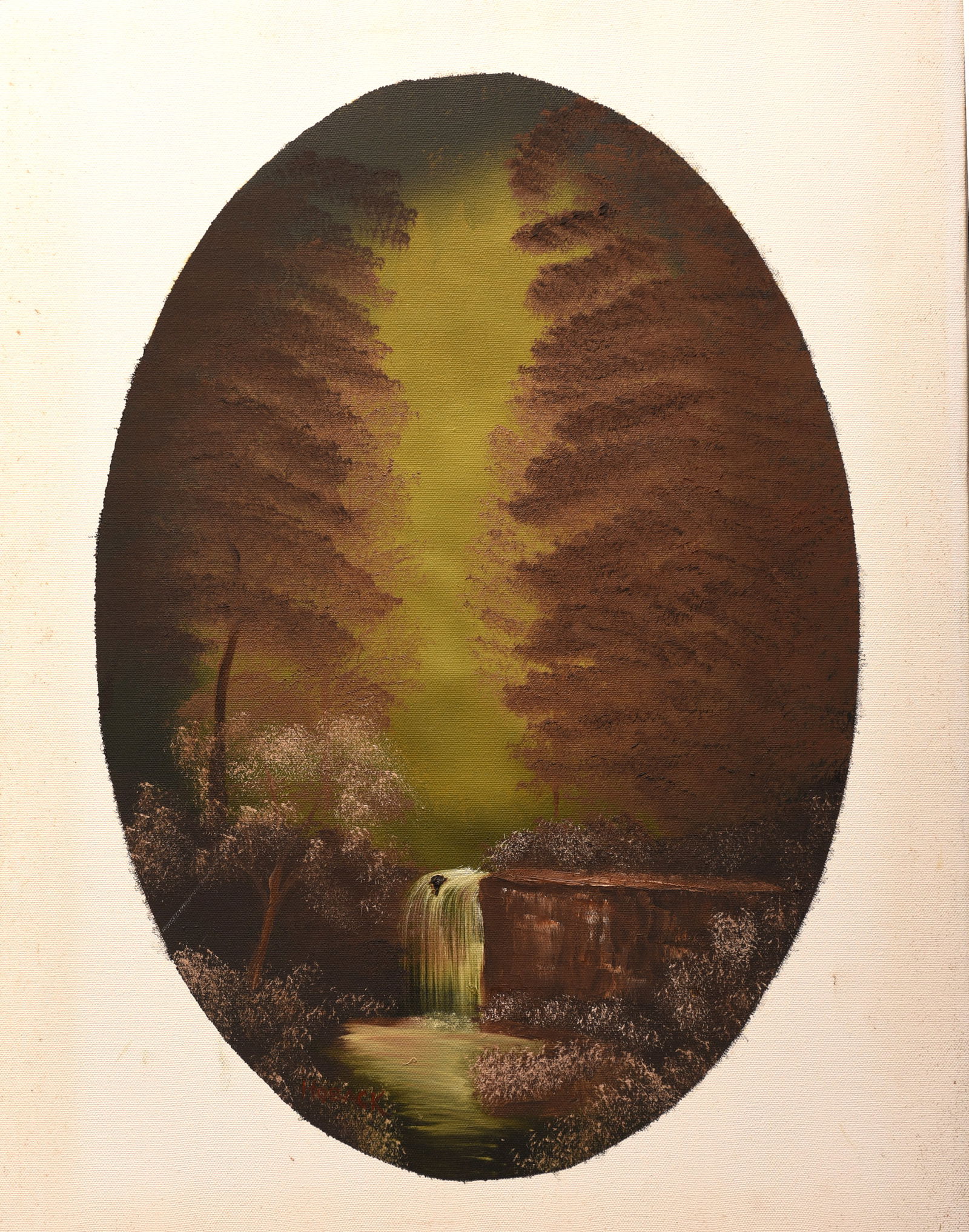 Hidden Falls: This atmospheric oil painting on canvas, measuring 24" x 18", invites viewers to discover a hidden waterfall nestled deep within a secluded woodland. The artist's use of light and shadow creates a