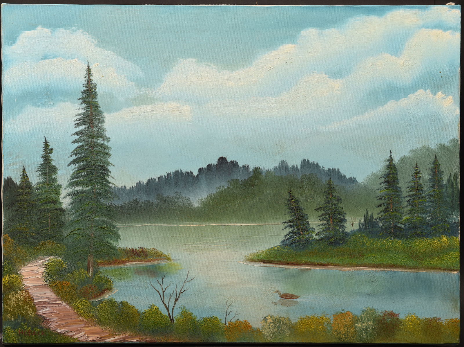 Serene Lakeside Retreat: This tranquil oil painting on canvas, measuring 24" x 18", invites viewers to escape to a peaceful lakeside retreat. The artist's gentle brushstrokes and harmonious palette create a scene of serene