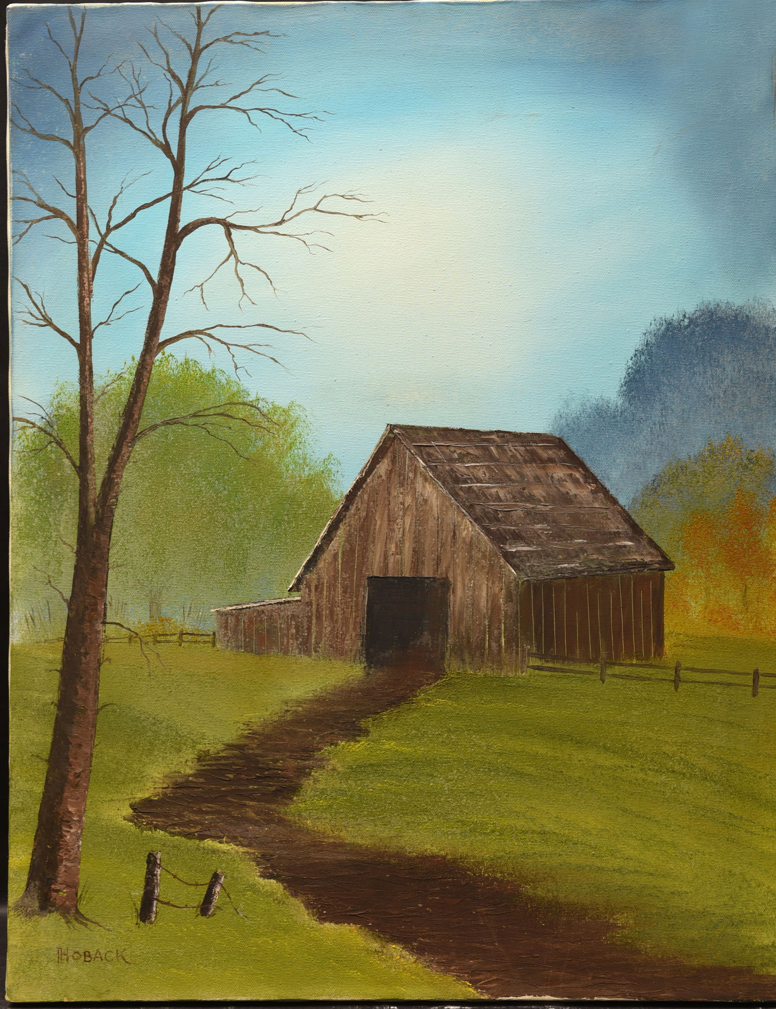 Rustic Haven: This charming oil painting on canvas, measuring 24" x 18", presents a picturesque scene of a weathered barn nestled in a tranquil countryside setting. The artist, "H. Sback" (as indicated by the