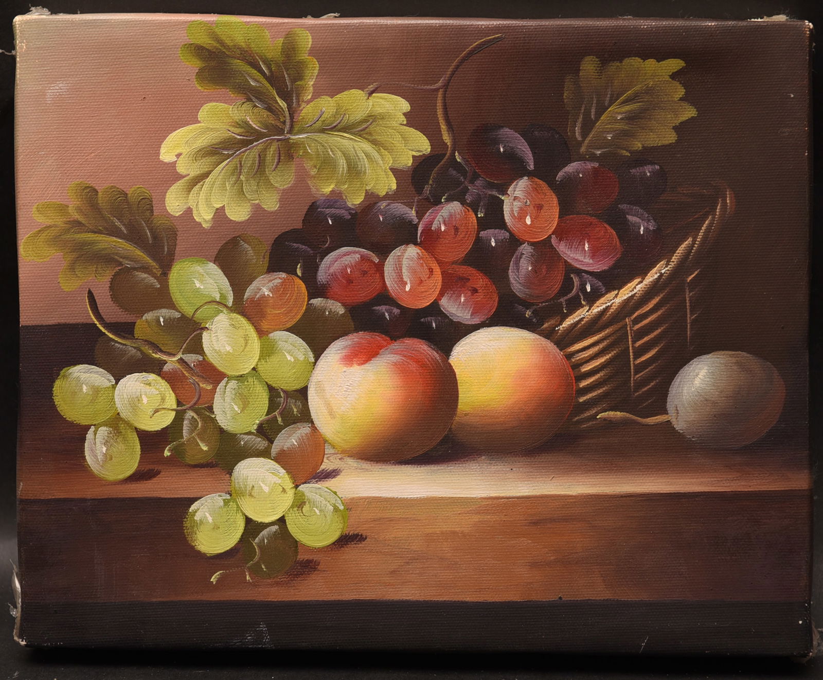 Fruitful Bounty: This intimate oil painting on canvas, measuring 10" x 8", presents a classic still life composition celebrating the abundance of nature's harvest. The artist's careful rendering of light and shadow