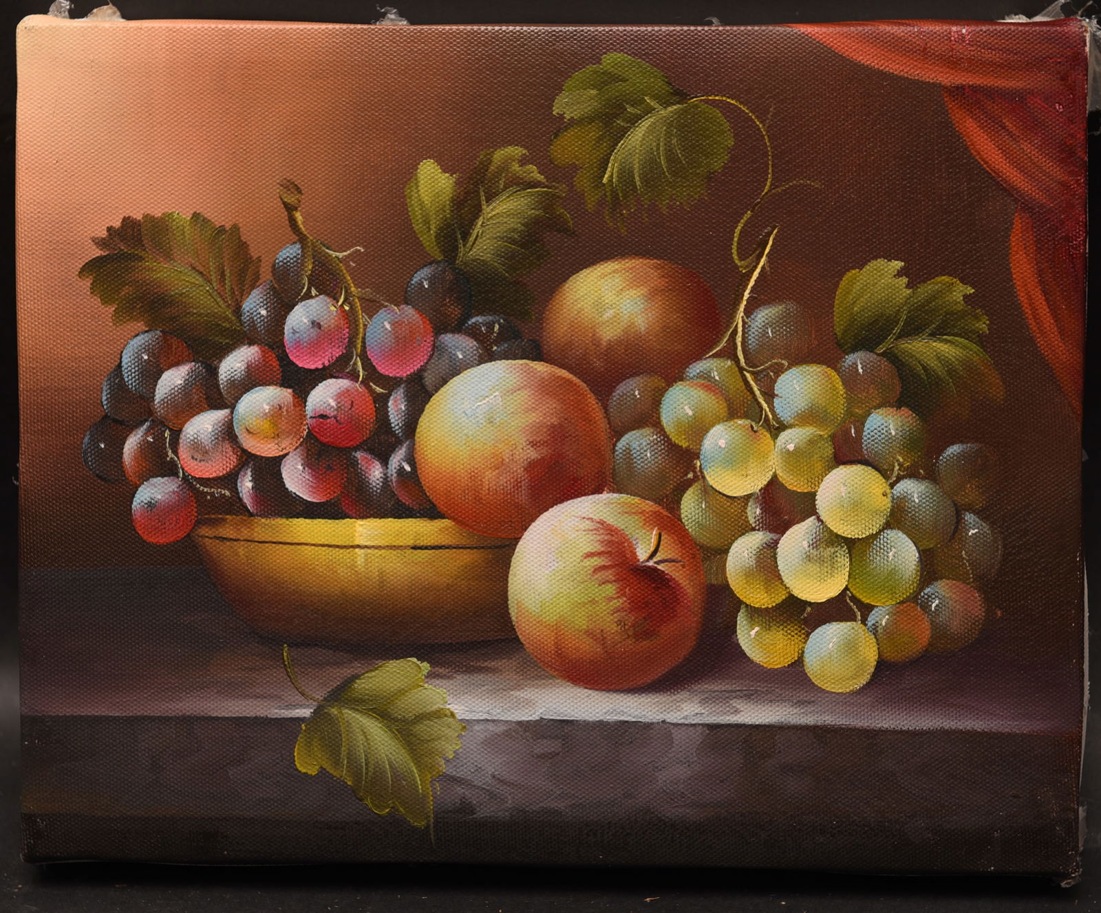 Abundant Harvest: This vibrant oil painting on canvas, measuring 10" x 8", presents a classic still life composition overflowing with the bounty of nature's harvest. The artist's skillful use of light and shadow
