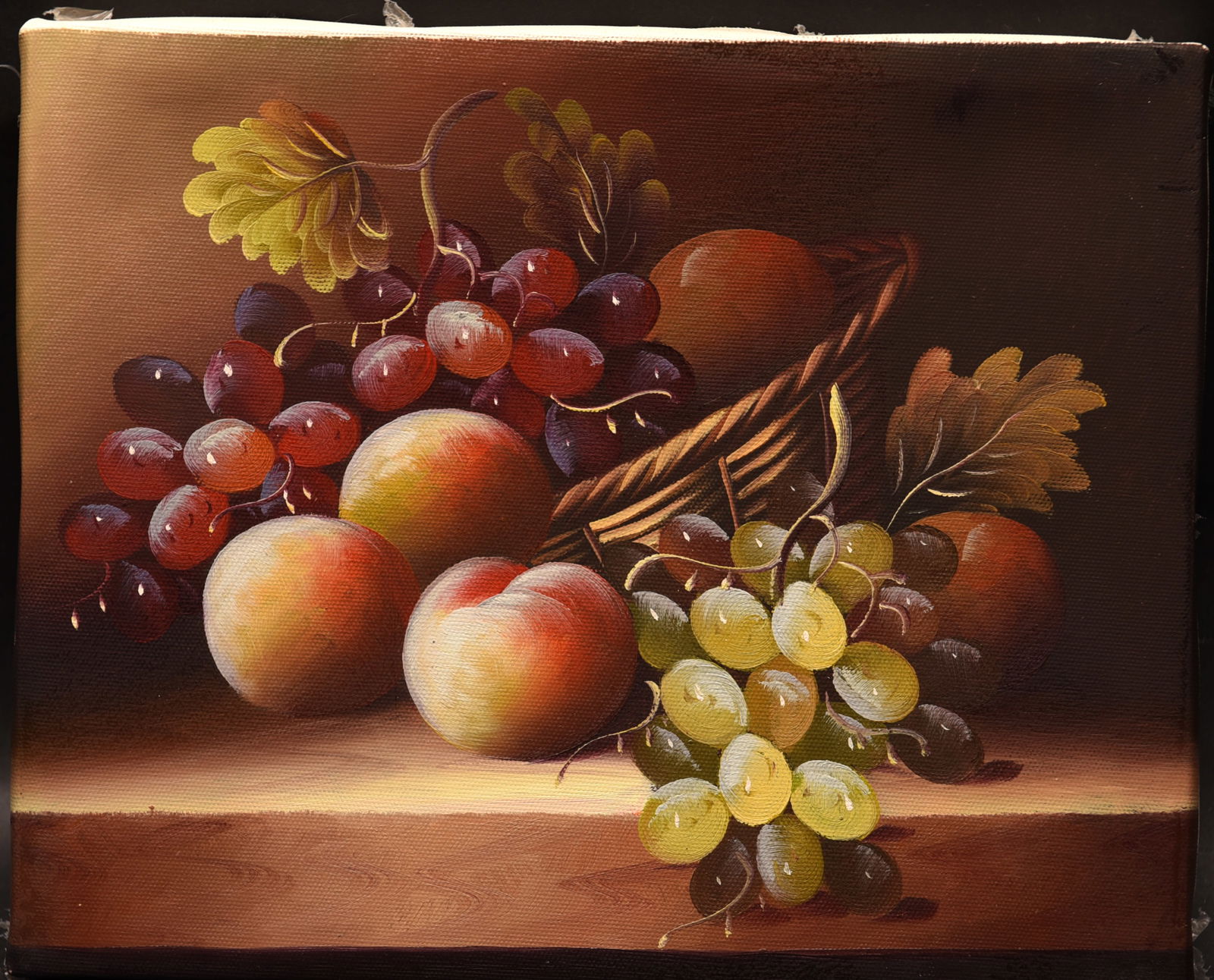 Still Life , Oil on Canvas: This intimate oil painting on canvas, measuring 10" x 8", presents a classic still life composition celebrating the simple beauty of nature's bounty. The artist's careful rendering of light and