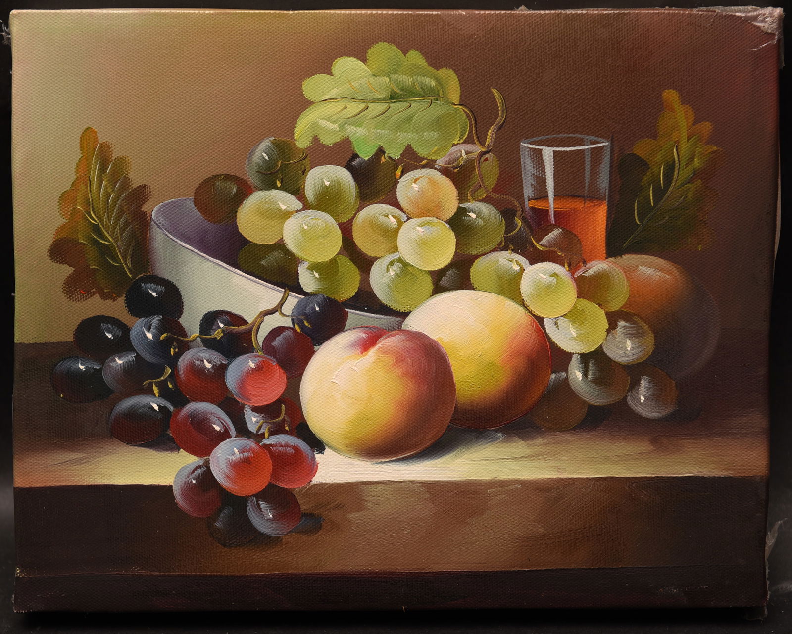 Harvest Harmony: This warm and inviting oil painting on canvas, measuring 10" x 8", presents a classic still life composition that celebrates the abundance of the harvest season. The artist's skillful use of light