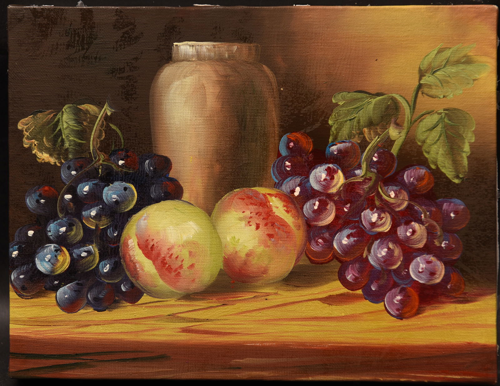 Simple Pleasures: This charming oil painting on canvas, measuring 10" x 8", presents a classic still life composition that exudes a sense of rustic simplicity. The artist's skillful use of light and shadow brings the