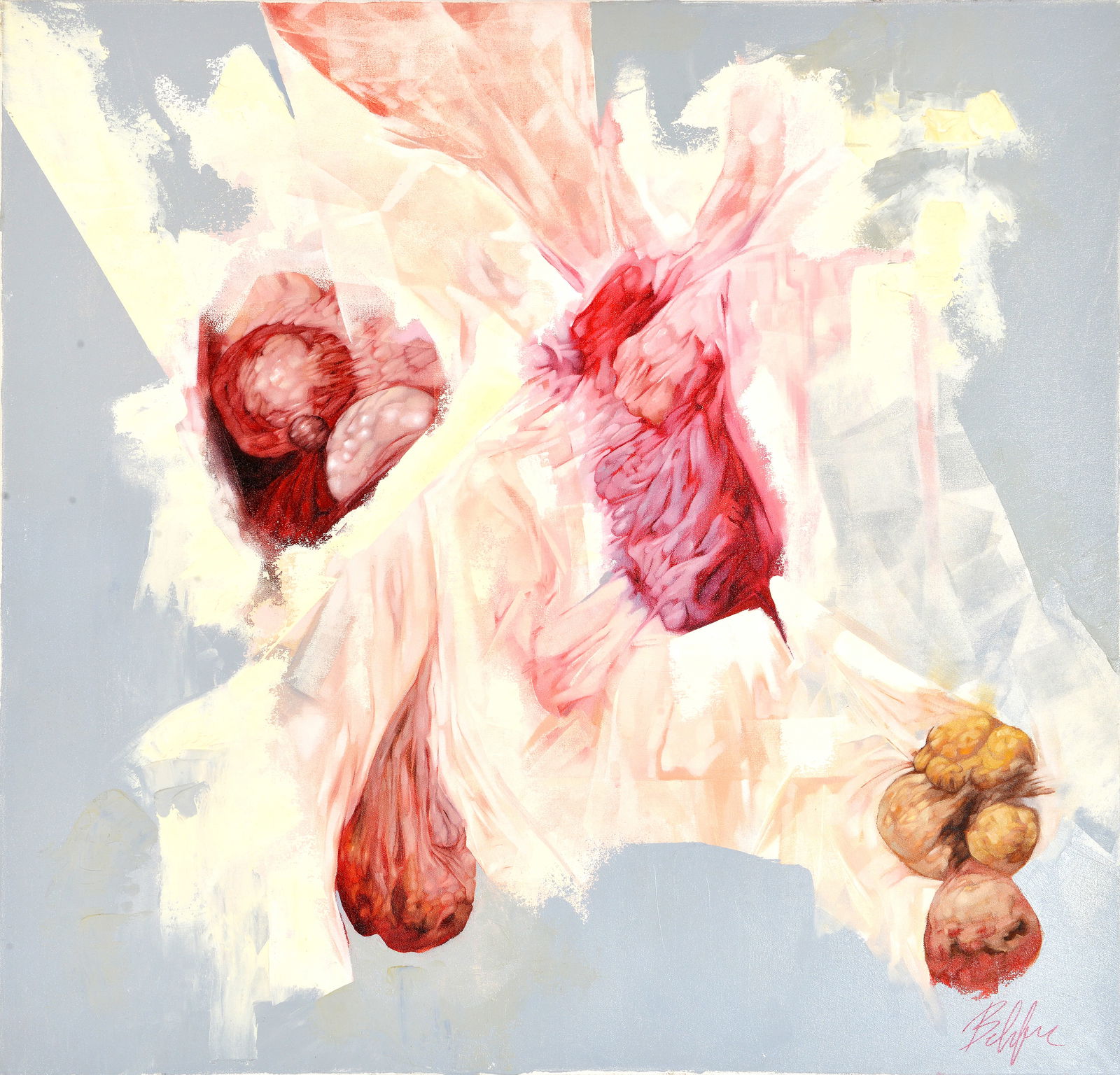 Emergence Acrylic on Canvas By artist Behfar: This captivating acrylic on canvas painting by Behfar, titled "Emergence," invites viewers to contemplate the intricate beauty of organic forms. The artist masterfully employs a palette of pinks,