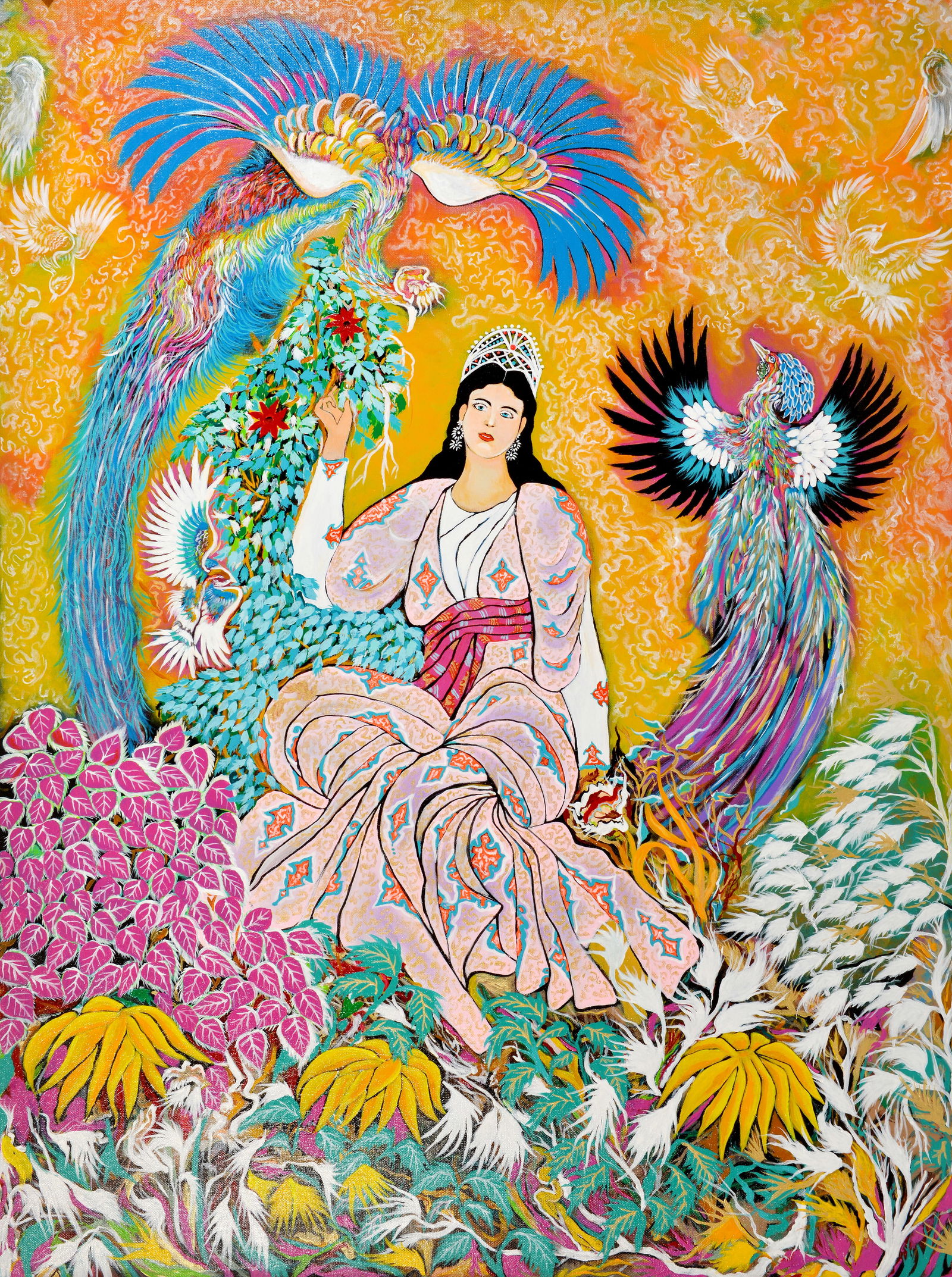 Guardian of the Bloom ,Oil on Canvas By Emad: This vibrant oil on canvas painting by Emad, titled "Guardian of the Bloom," is a captivating blend of rich symbolism and intricate detail. The central figure, a woman adorned with a crown and