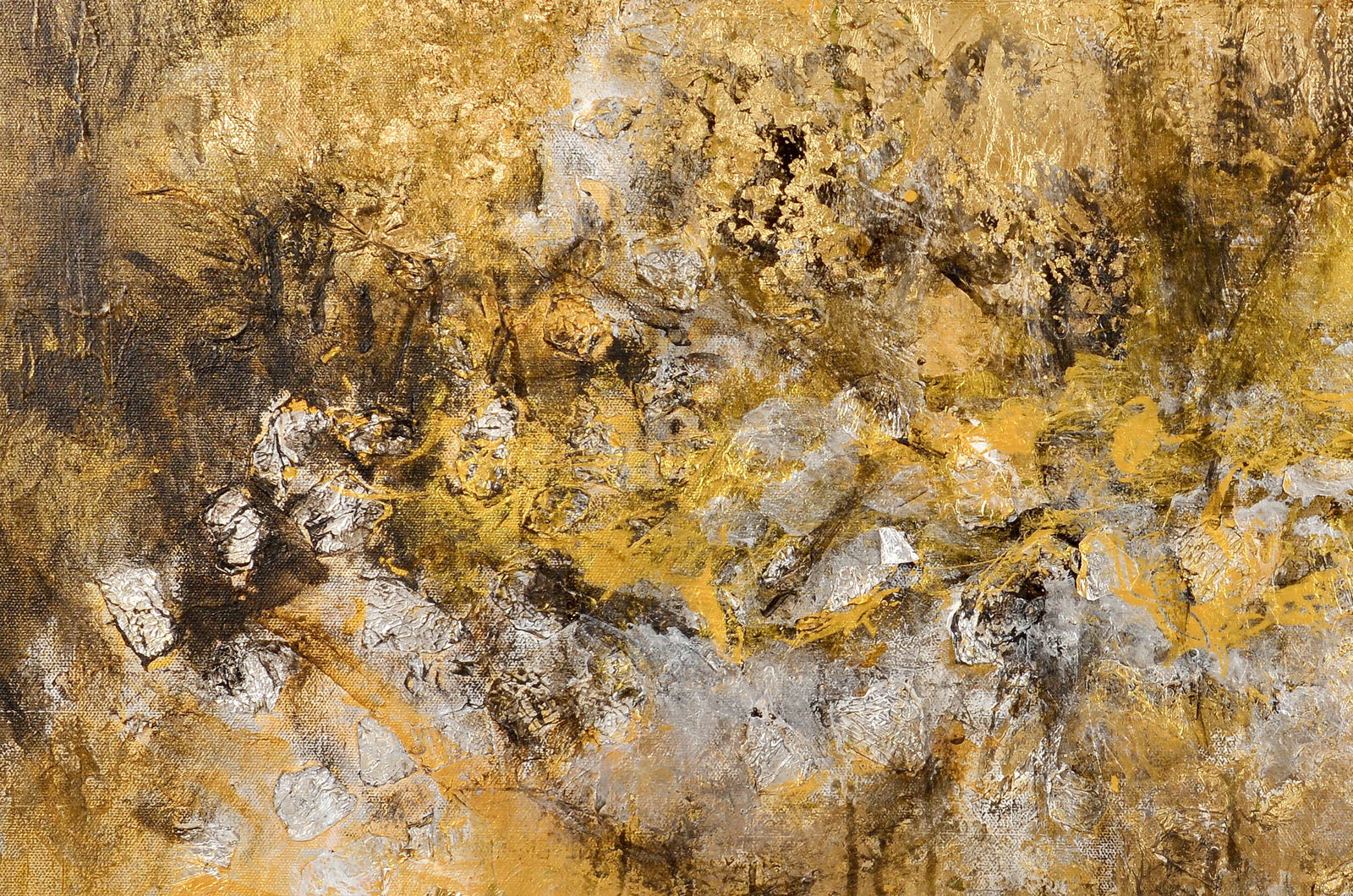 Golden Whispers By Artist Yasmen: This abstract acrylic painting by Yasemen, titled "Golden Whispers," captivates with its rich textures and evocative interplay of gold, silver, and earthy tones. The artist's dynamic brushwork and