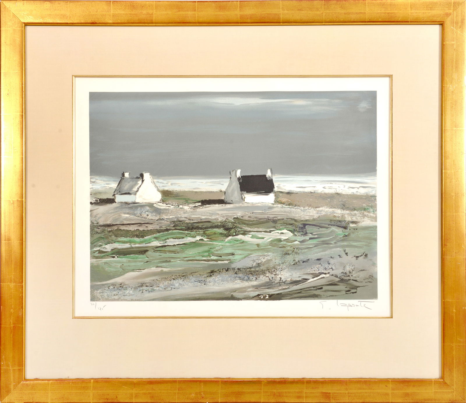 Coastal Tranquility (or Breton Coast): This serene lithograph by Georges Laporte, titled "Coastal Tranquility," transports viewers to the peaceful shores of Brittany, France. The artist's signature style is evident in the simplified forms