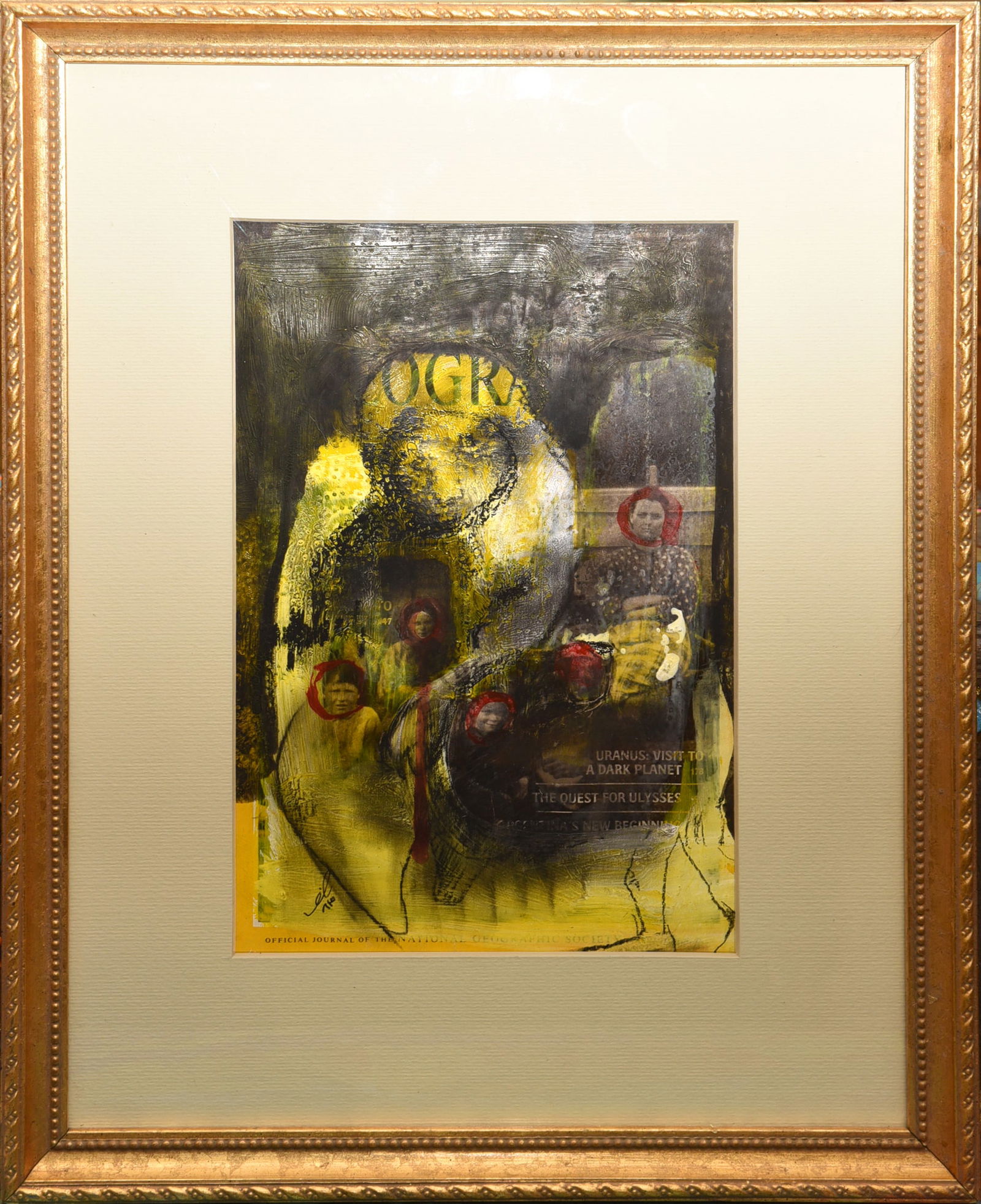 Layered Histories: This intriguing mixed media work by Reza, titled "Layered Histories," transforms a National Geographic Society cover page into a multi-dimensional artwork. The artist layers paint, imagery, and