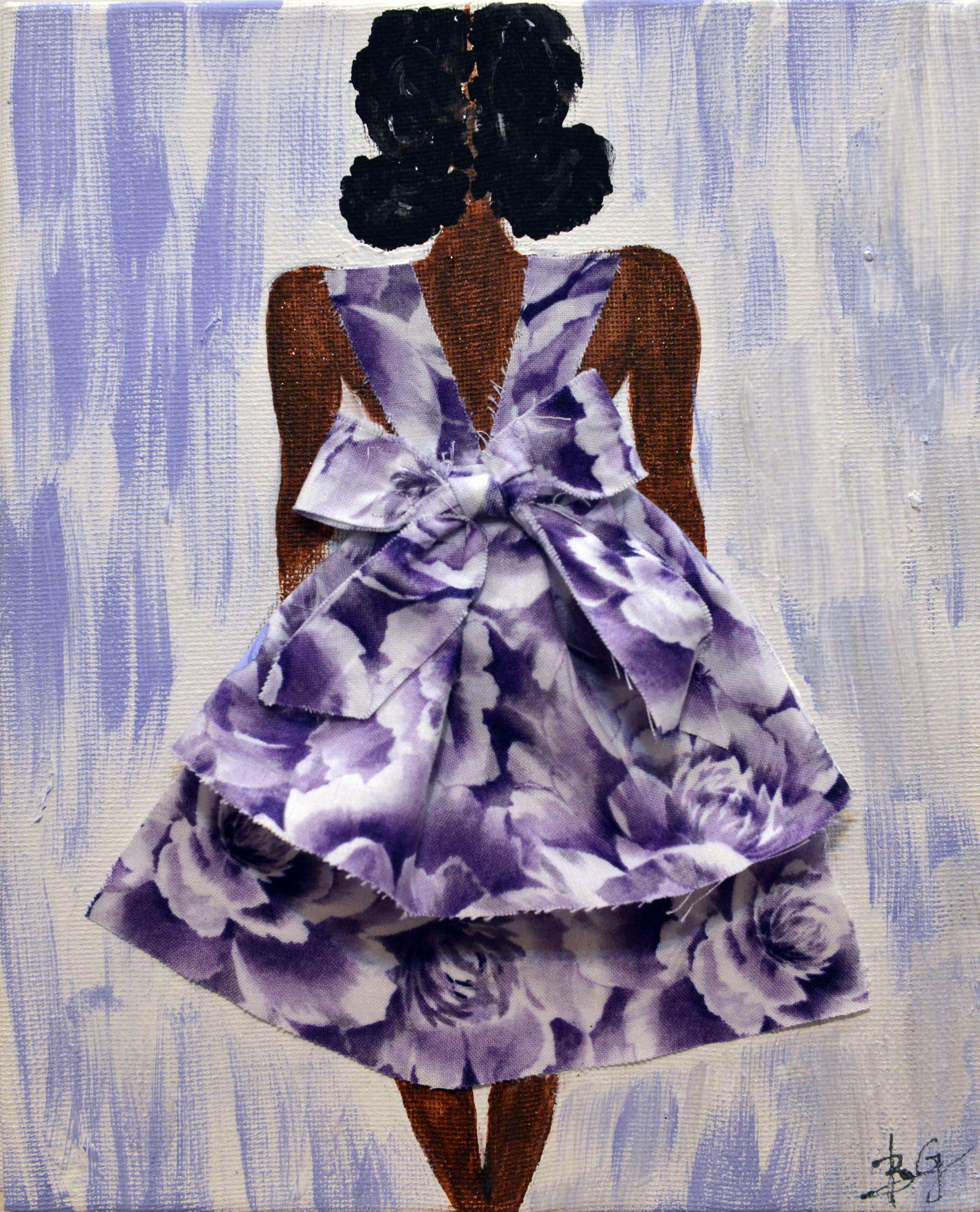 Purple Bloom: This delightful mixed media creation by Rebeka Gatechew celebrates feminine grace and the beauty of texture. The artwork features a woman from the back, her figure adorned with a captivating purple