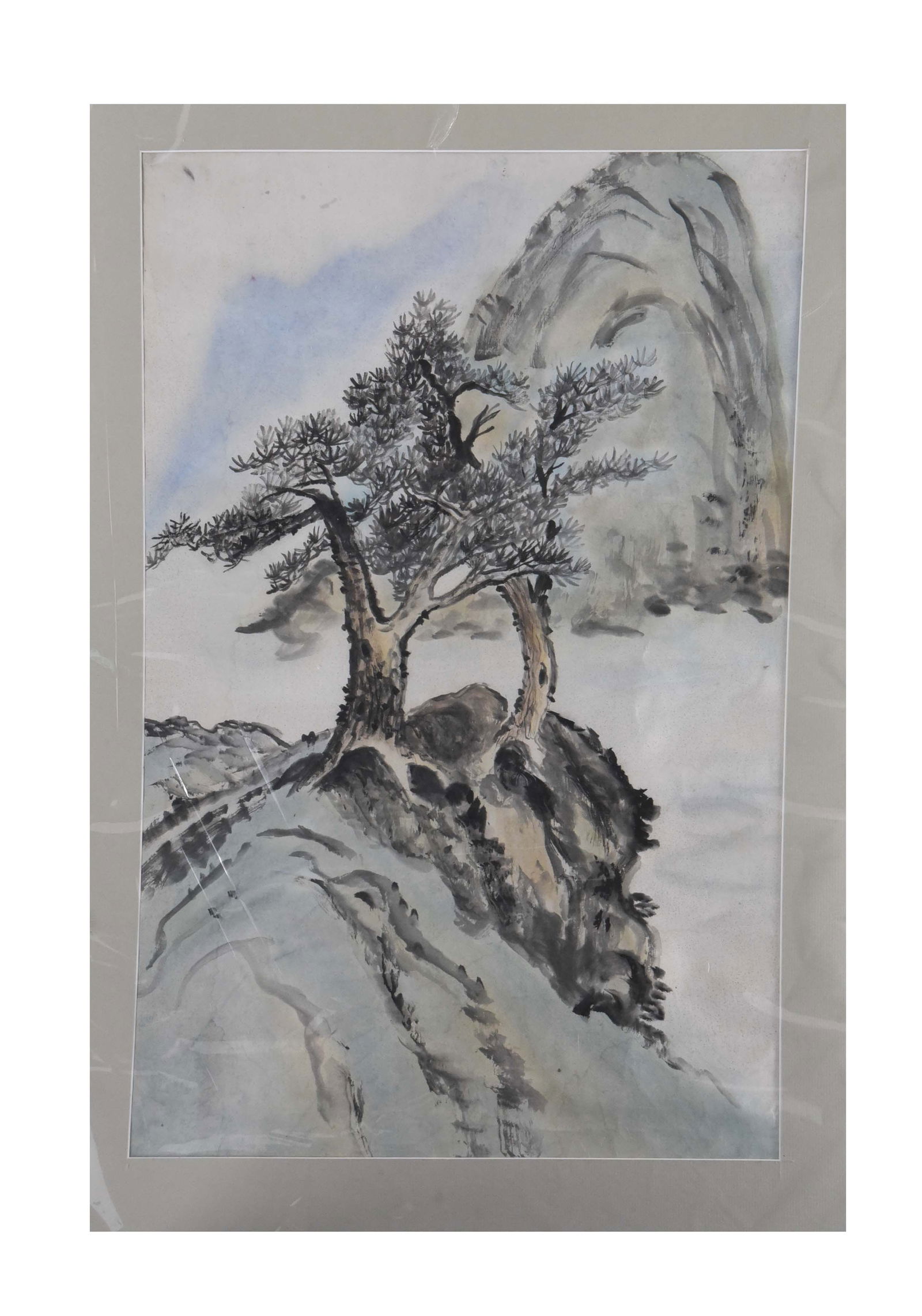 Important 21" x 32" Orientalist Landscape: Twin Pines and Mountain Peak (1 of 1)