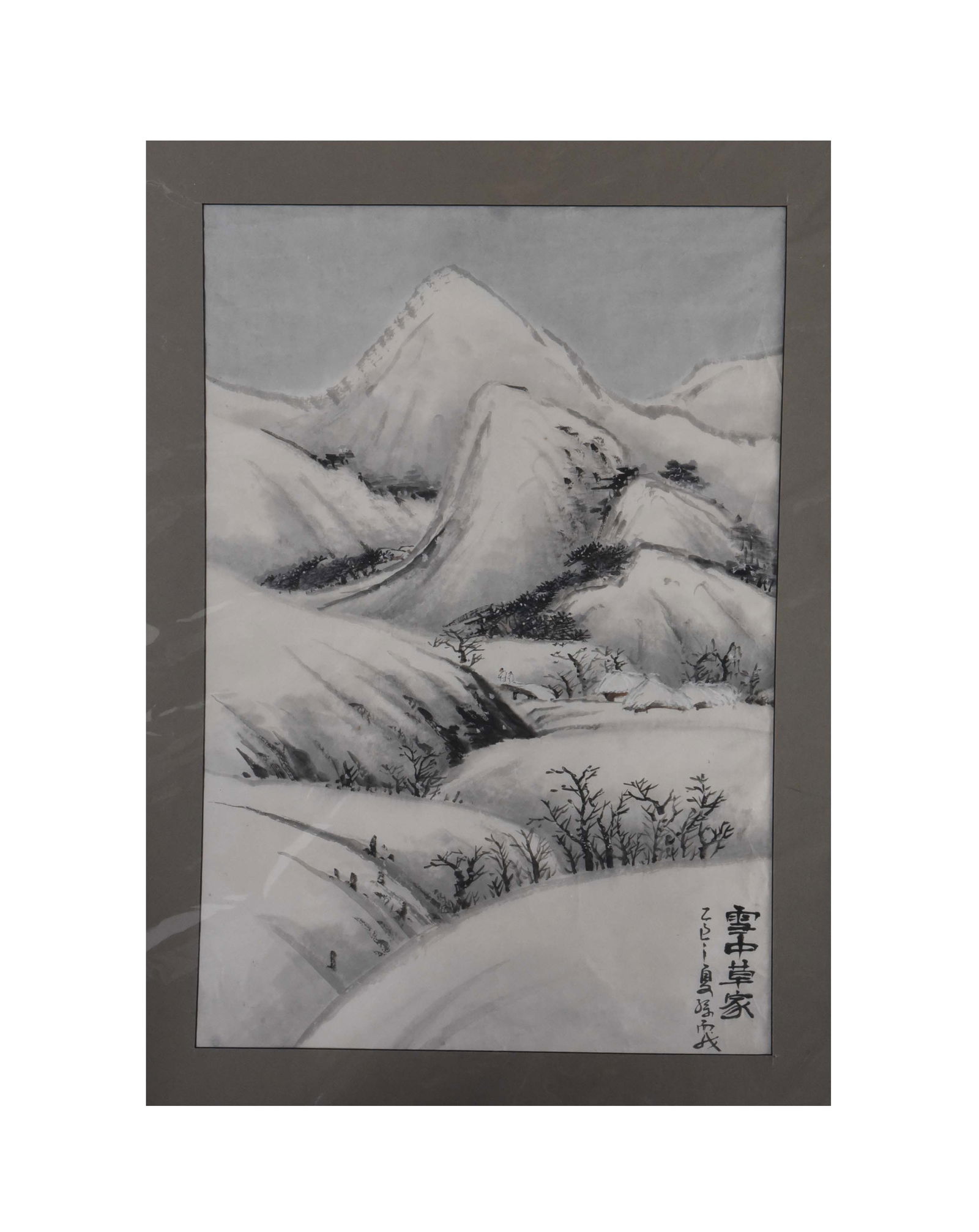 Winter Silence: Thatch-Roofed Cottages in the Snow: This large-scale watercolor on paper captures a serene, snow-covered mountain village. The artist utilizes traditional ink wash techniques to create a soft, monochromatic atmosphere that emphasizes th