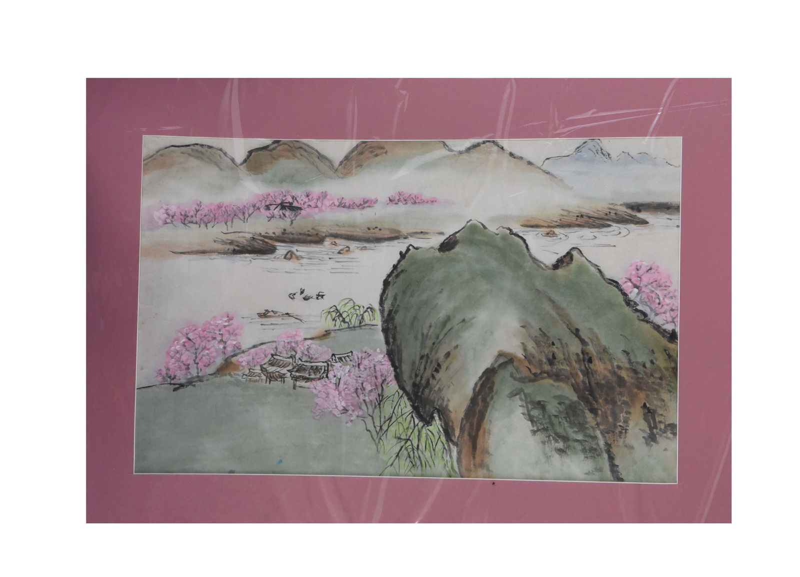 Serenity Among the Blossoms: East Asian Landscape Watercolor: This exquisite watercolor painting depicts a tranquil river valley nestled between rolling, mist-covered mountains. In the foreground, vibrant cherry blossoms in full bloom frame a traditional archite