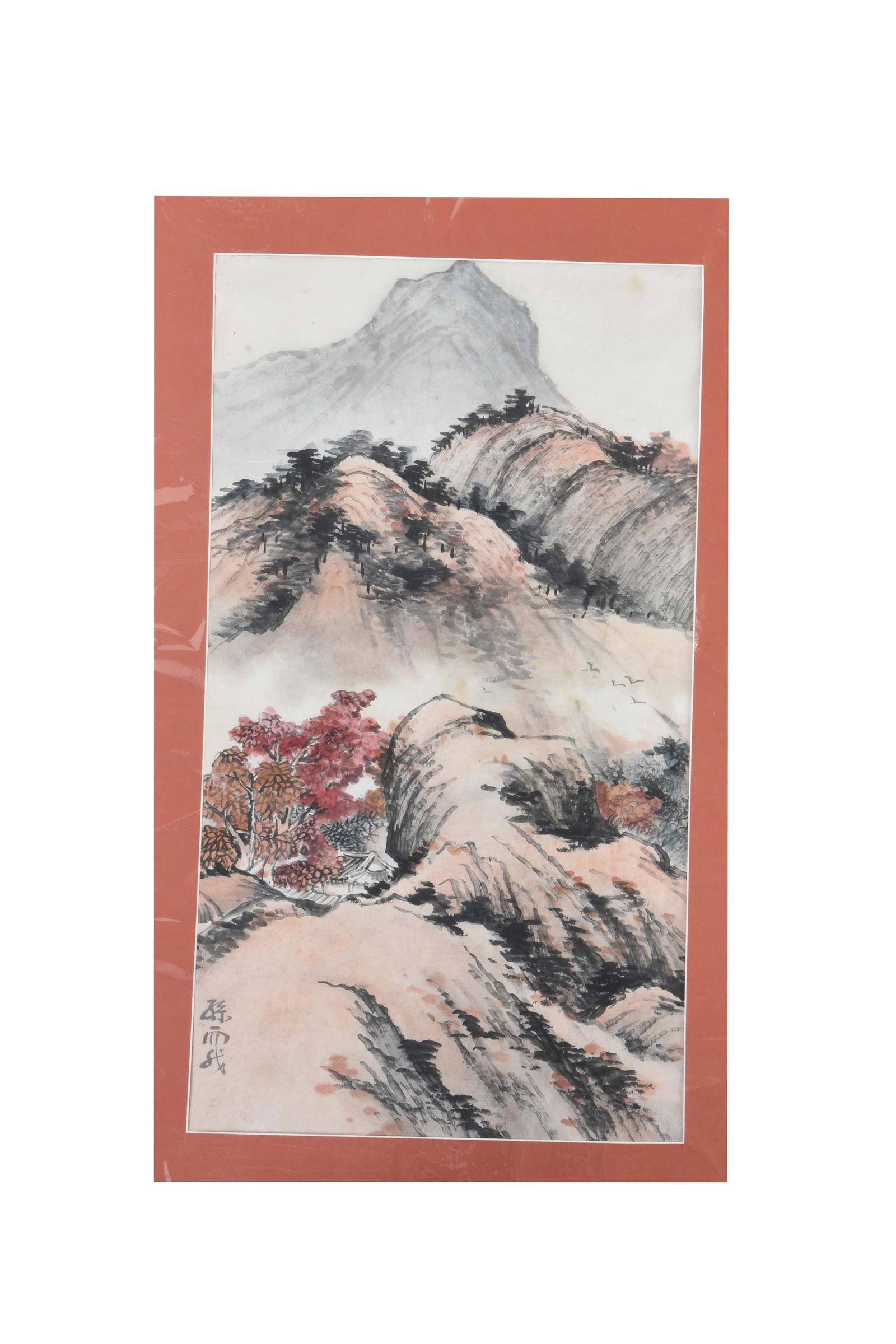 Autumnal Peak: Traditional East Asian Mountain Landscape: A captivating vertical landscape that captures the transition of seasons in the high mountains. The artwork features a towering, misty peak overlooking rolling ridges dotted with resilient pine trees.