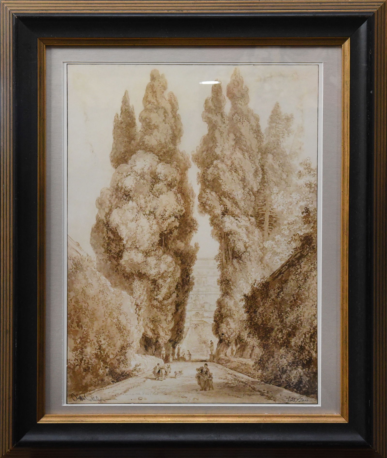 Jean-Honore Fragonard(1732-1806): Limited edition lithograph titled "Cypress Avenue," numbered 625/2000. The artwork features a path lined with towering cypress trees in a classic landscape style. Dimensions: 21" x 25"."