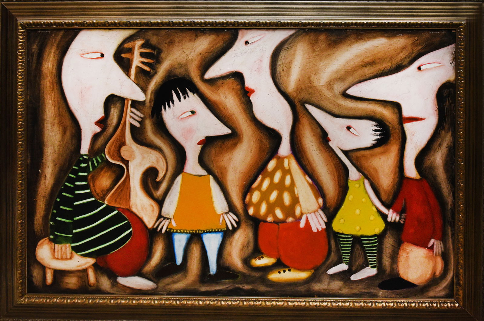 The Musicians: Oil on board, 55" x 39", by Kambiz. This intriguing composition features stylized figures with elongated necks and distinctive features, surrounding a smaller central figure. The artist employs a