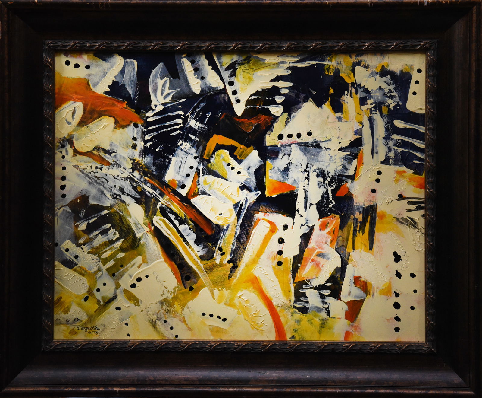 Summer Composition (Alicia Arguelles): Oil on board, 25" x 29", Alicia Arguelles, signed and dated 06/23. This abstract composition features a dynamic interplay of forms and colors. Bold strokes of black, white, orange, and yellow