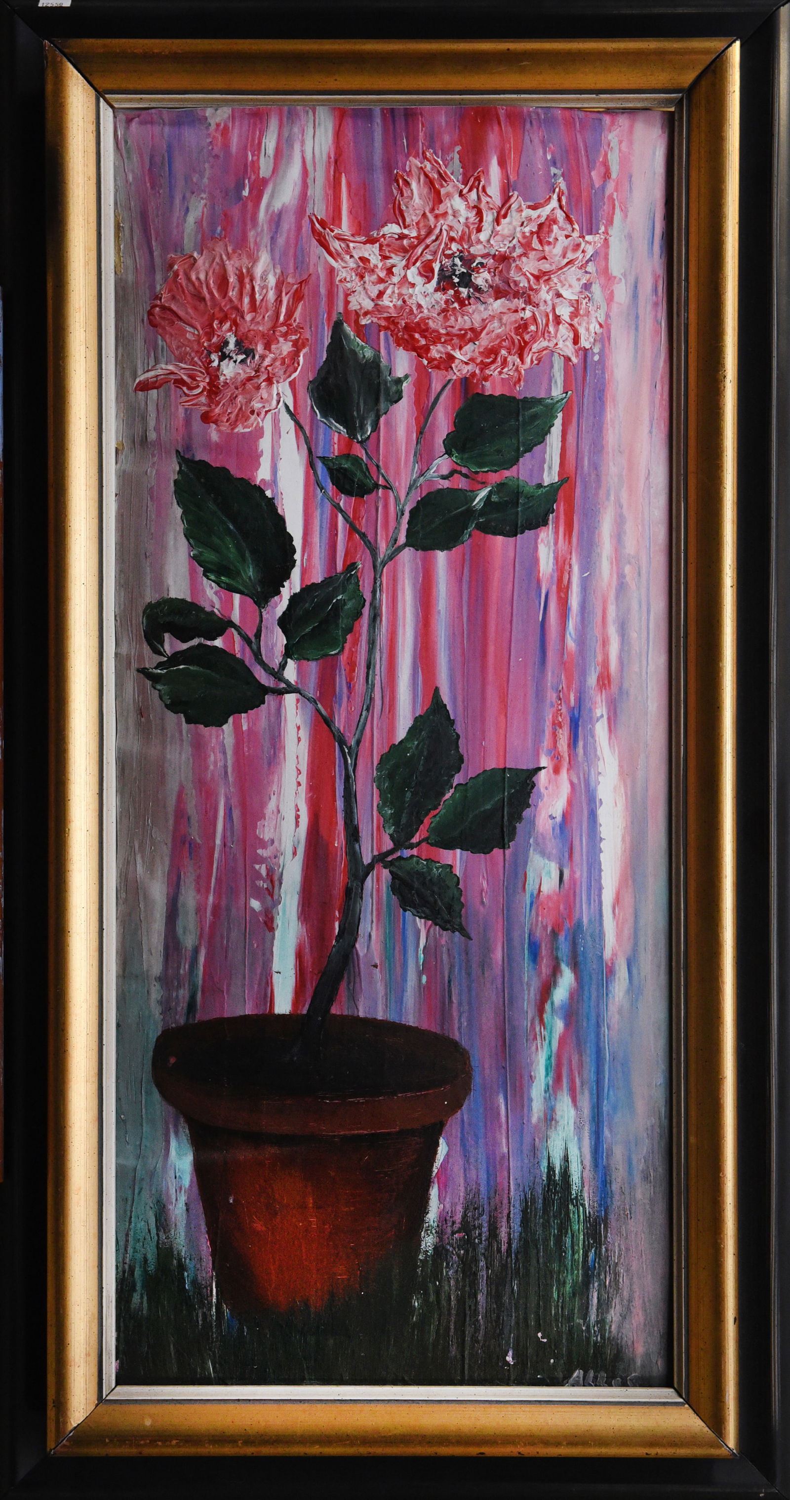 Blooming Serenity: Oil on board, 16" x 32", by Abbas Shirmohammadi. This still life features vibrant red poppies in a dark vase against a softly blurred background of pastel hues. The artist's expressive brushwork