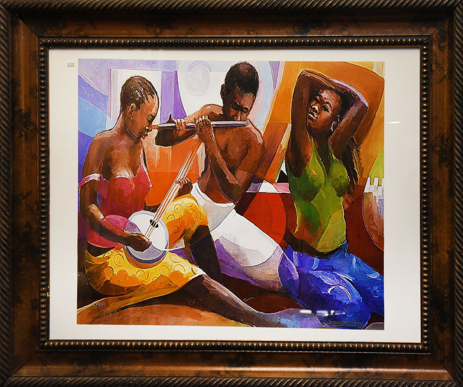 The Music Makers: A vibrant art print depicting three women engaged in a musical performance. Each woman is depicted in a unique pose, playing a different instrument. The colors are rich and saturated, creating a