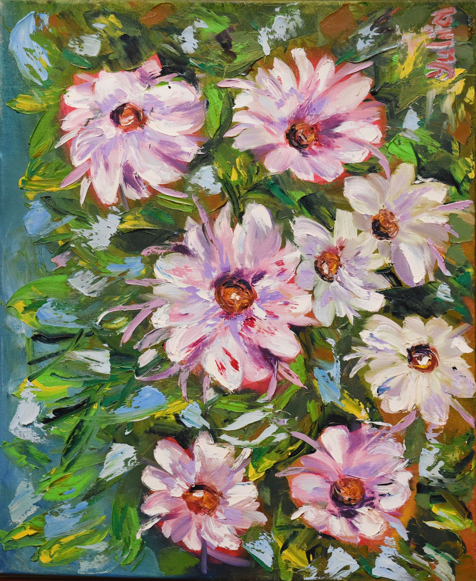 Blossom Dance: Experience the joy of a blossoming garden with 'Blossom Dance,' an original oil painting on canvas. This 16" x 20" piece is a celebration of texture and color, where vibrant pink and white daisies com
