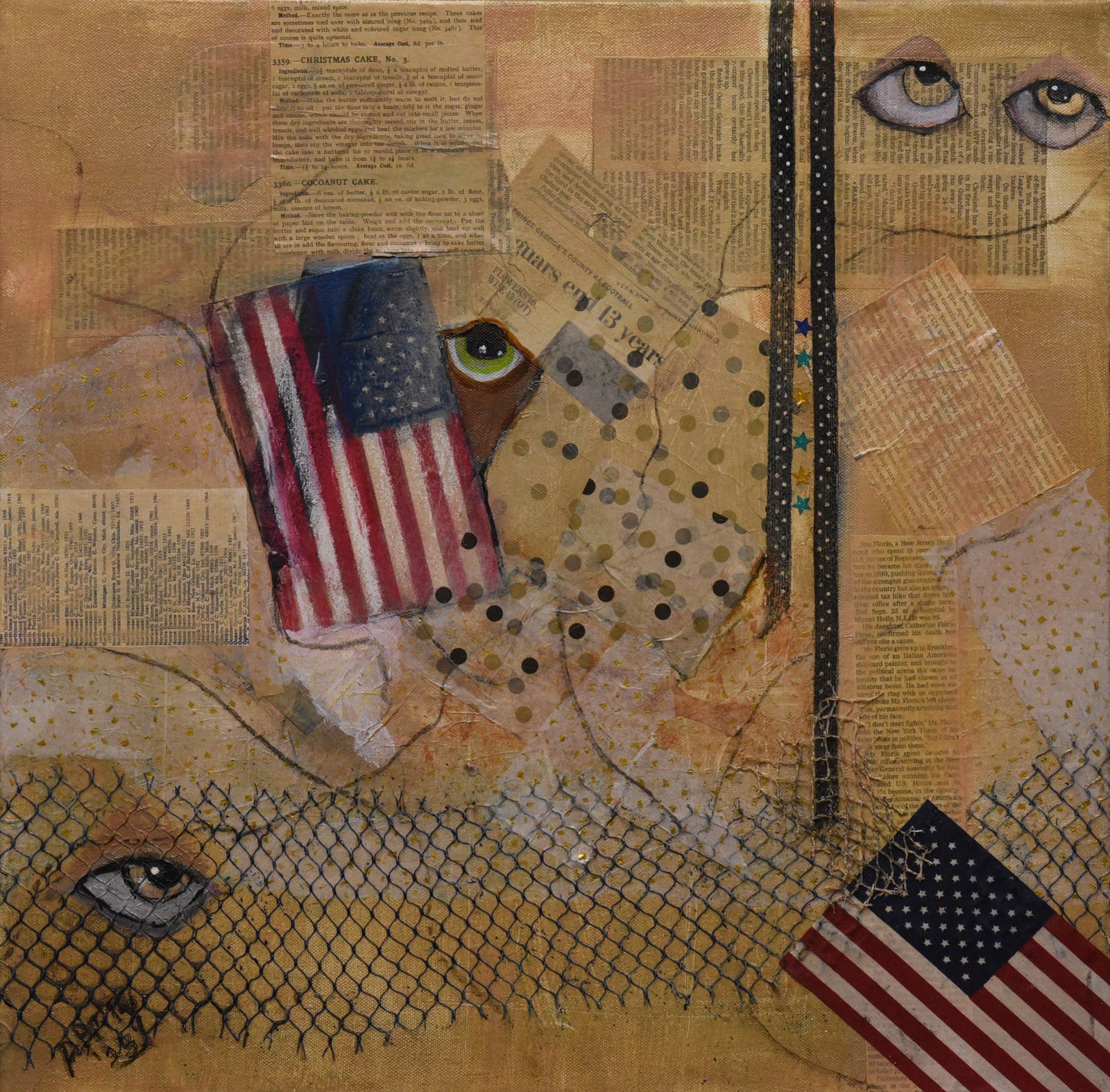 American Fragment: Explore the layers of meaning in 'American Fragment,' a compelling mixed media artwork by Patsy. This 20" x 20" piece features a textured composition incorporating elements of the American flag, vinta