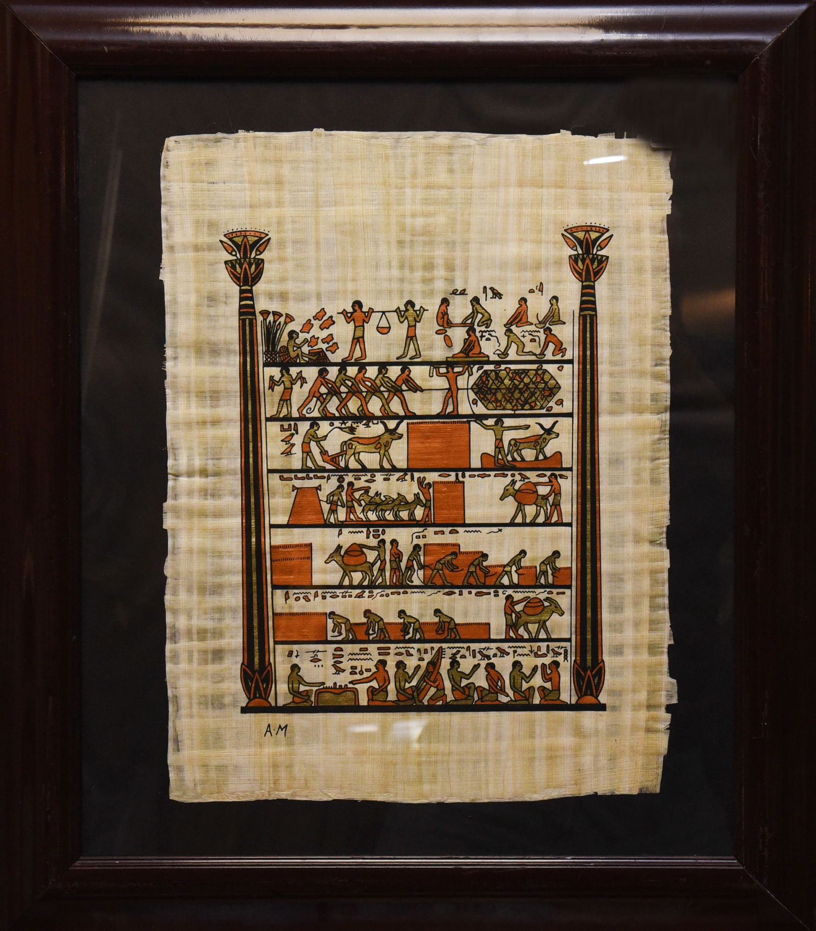 Egyptian Agricultural Scene on Papyrus, Signed AM (1 of 2)
