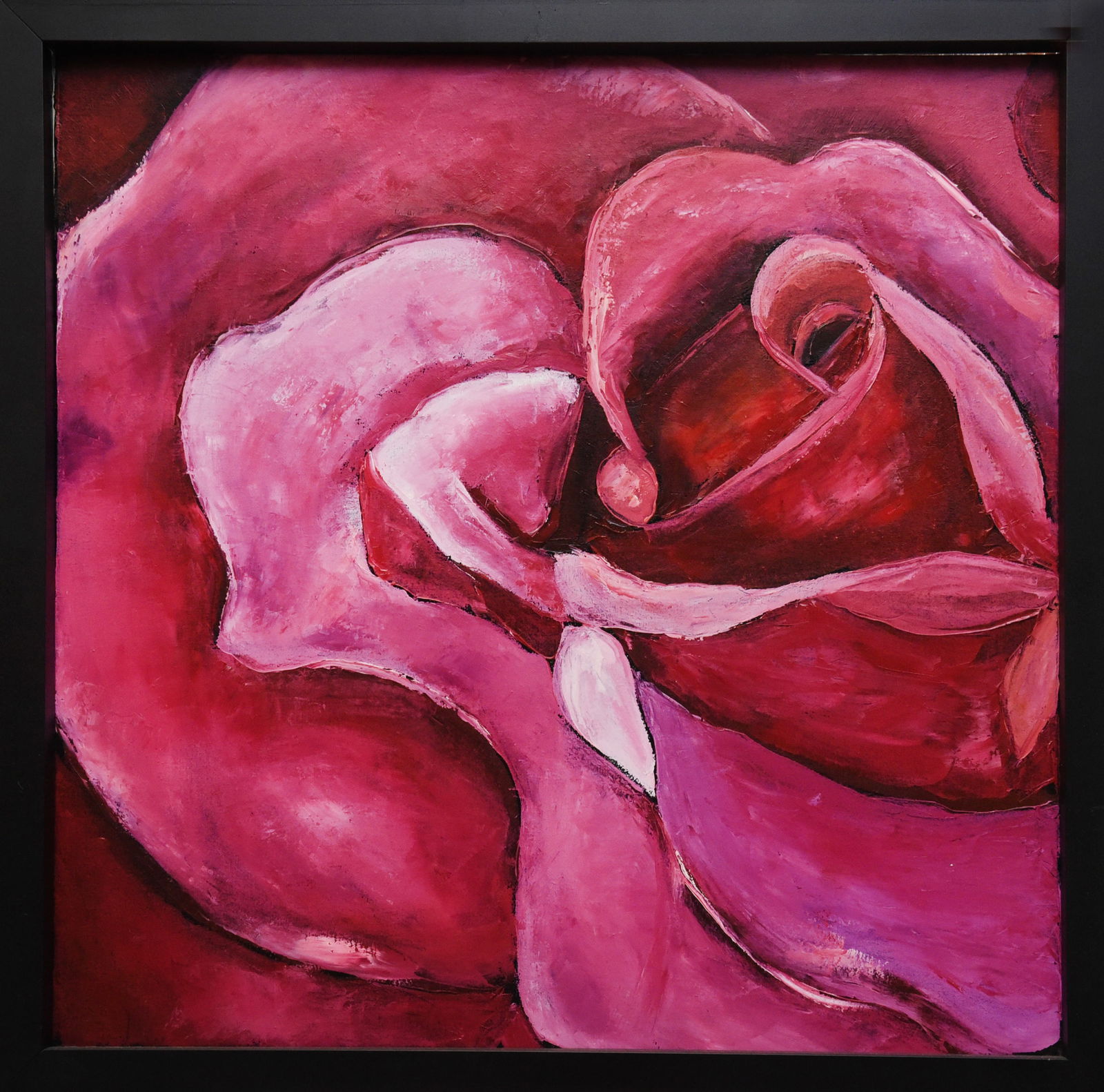 Crimson Embrace: Rose Painting by Yulia S: This stunning 26"x26" acrylic on board presents a magnified perspective of a rose, showcasing the artistry of Yulia S. The artist skillfully blends shades of crimson and hints of lighter hues to depic